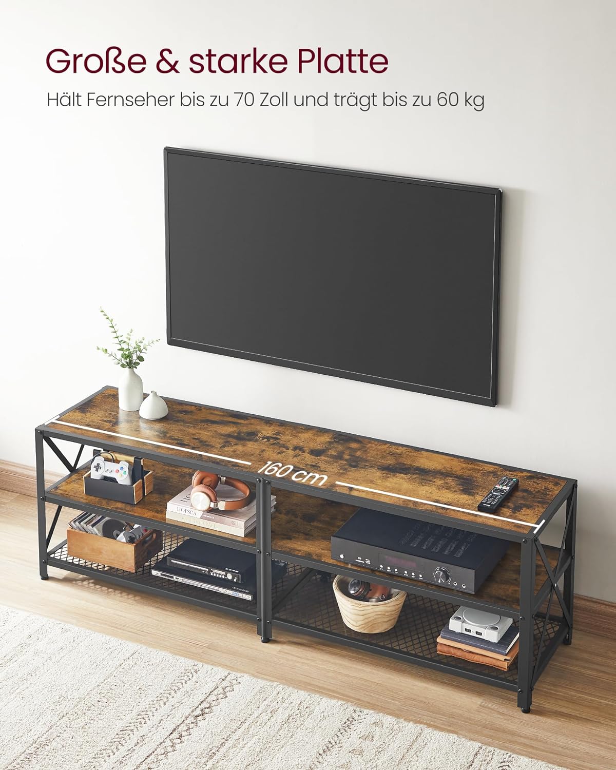 VASAGLE TV Cabinet Stand Lowboard for TVs up to 70 Inches with Shelves Steel Frame Vintage Brown/Black