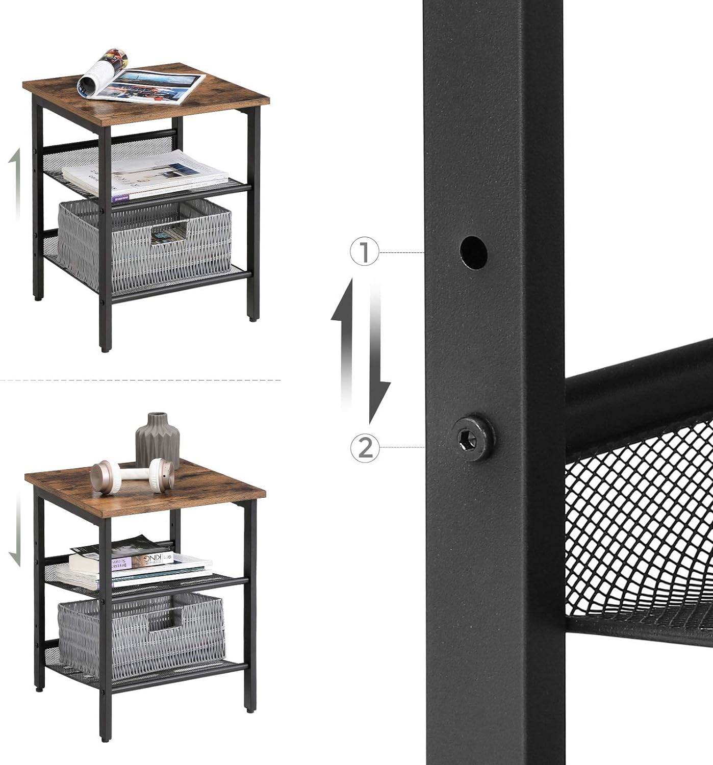 VASAGLE Side Table Set Nightstand Industrial Set of 2 Bedside Tables with Adjustable Mesh Shelves Rustic Brown and Black