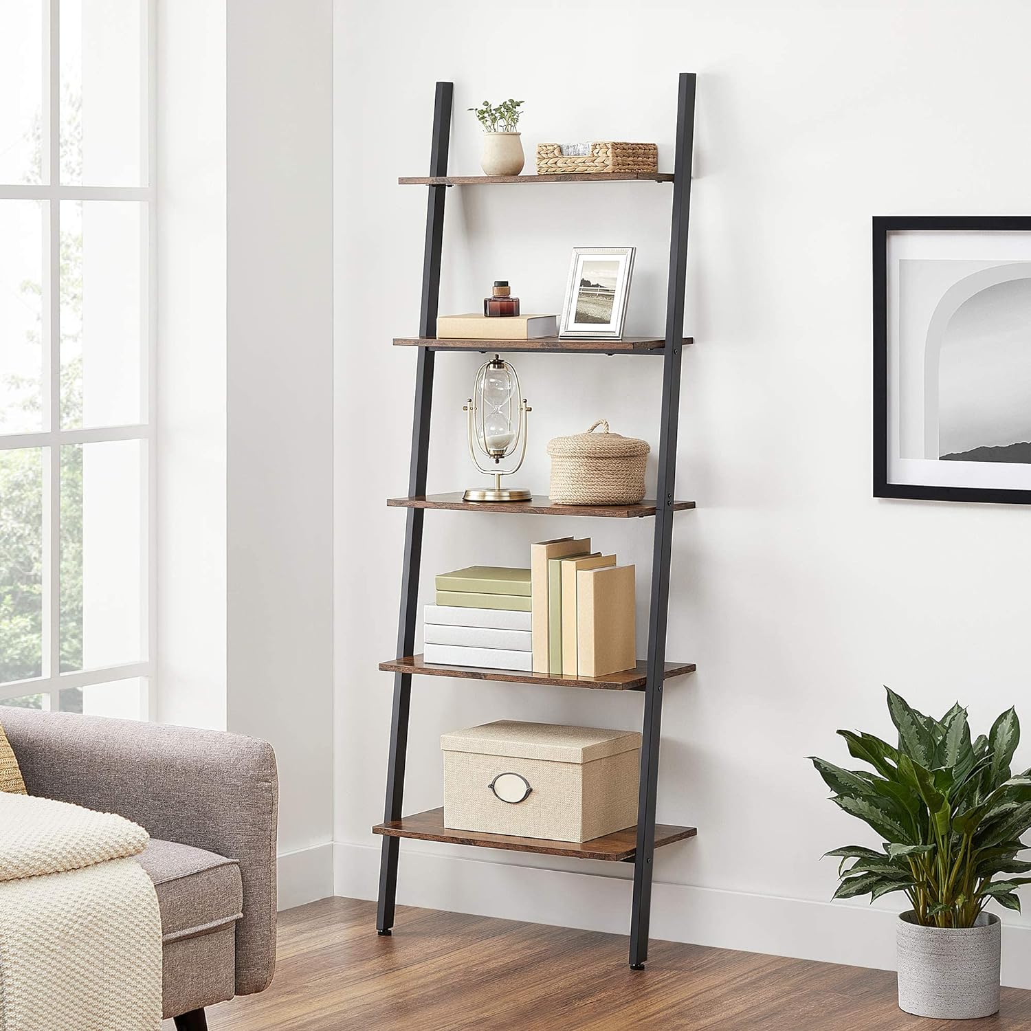 Rustic 5-Tier Industrial Ladder Bookshelf, Steel Frame - VASAGLE