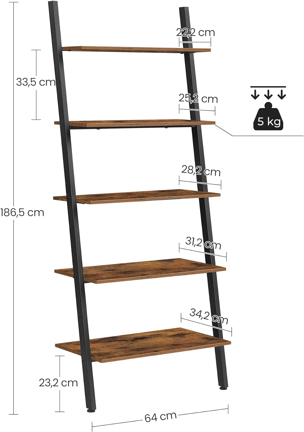 Rustic 5-Tier Industrial Ladder Bookshelf, Steel Frame - VASAGLE