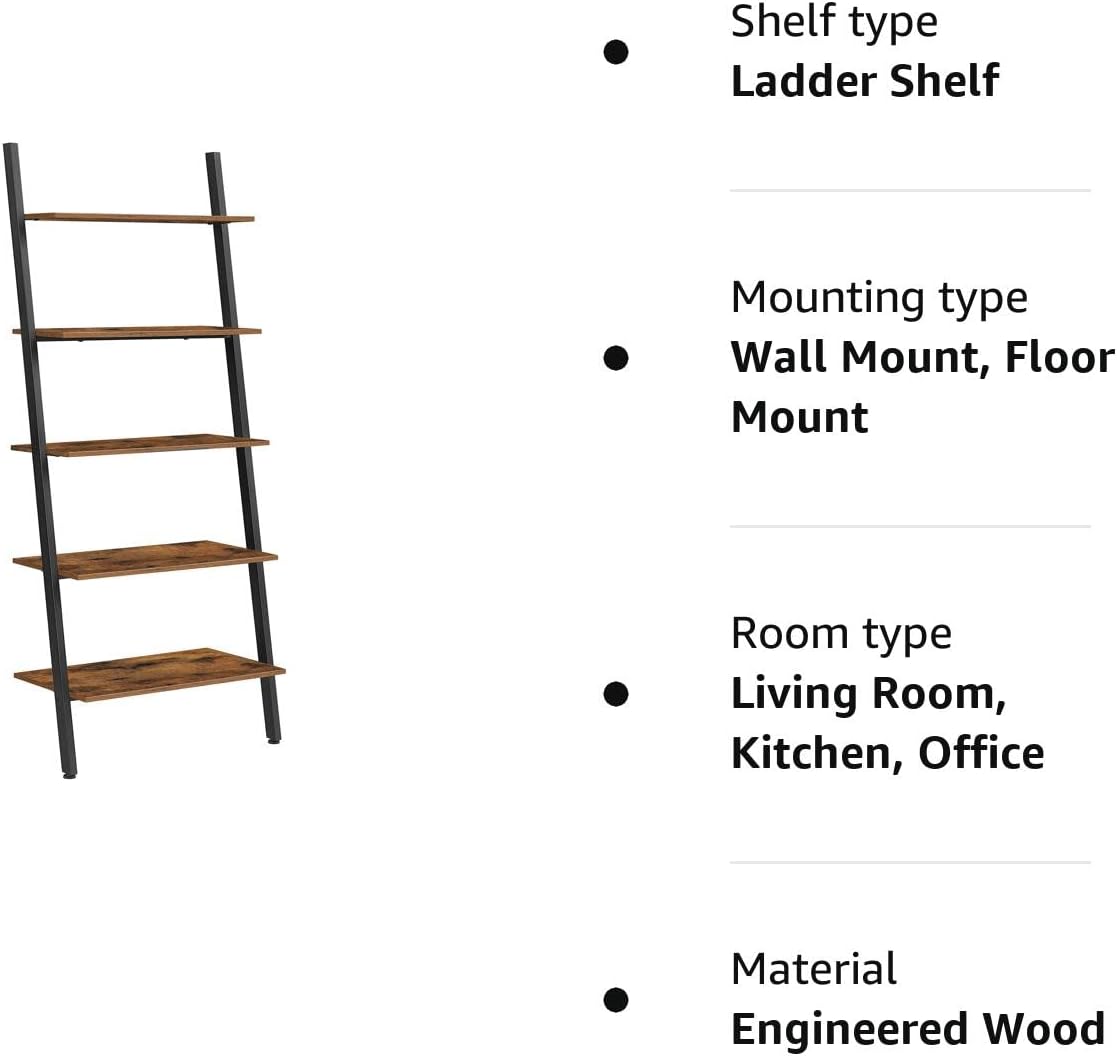 Rustic 5-Tier Industrial Ladder Bookshelf, Steel Frame - VASAGLE