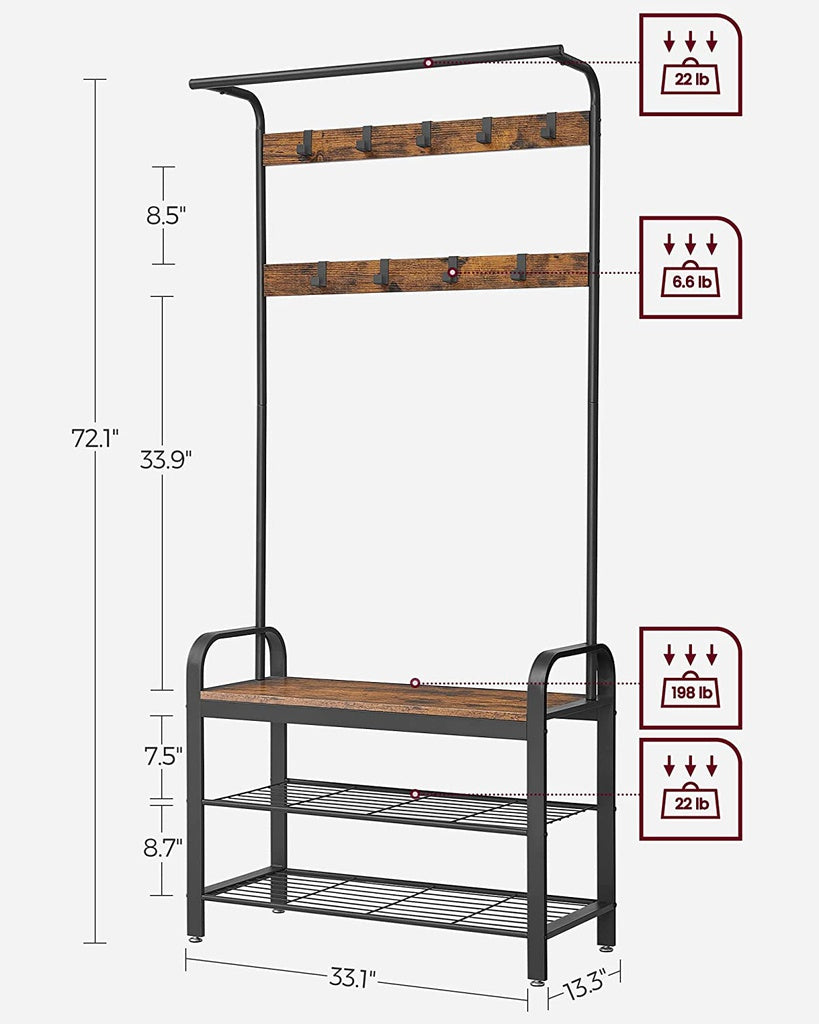 Sturdy 4-in-1 Hall Tree Coat Rack with Shoe Bench - VASAGLE