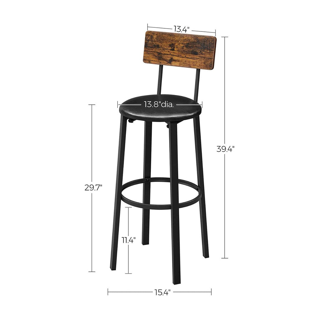 Rustic Brown PU Upholstered Bar Stools with Footrest, Set of 2 VASAGLE