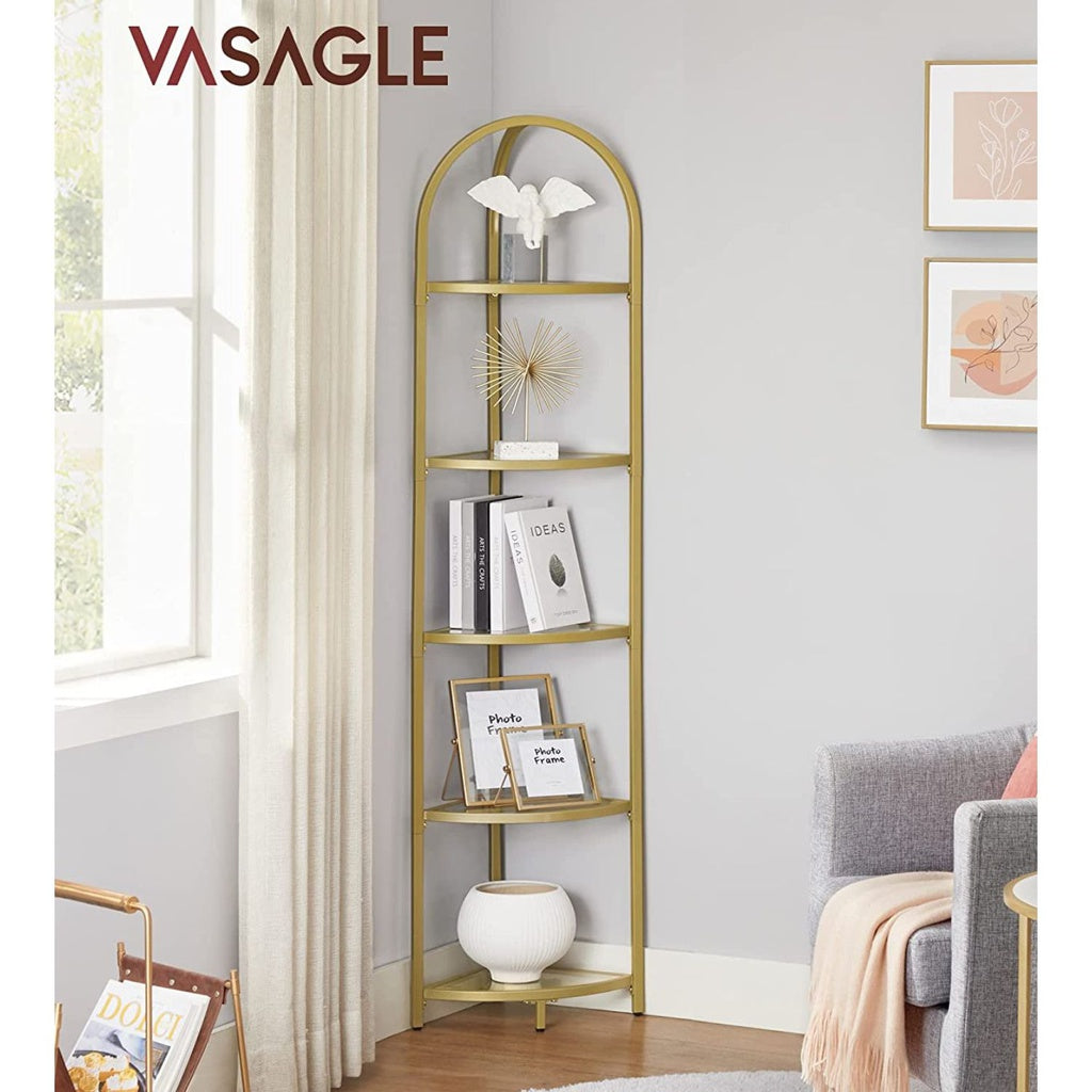 5 Tier Glass Corner Ladder Bookshelf, Steel Frame, Golden - VASAGLE