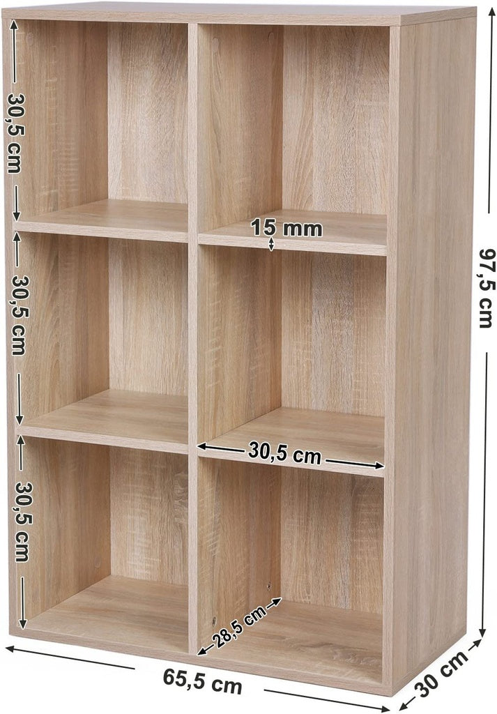 6-Compartment Wooden Bookcase, Oak, Anti-Tip, VASAGLE