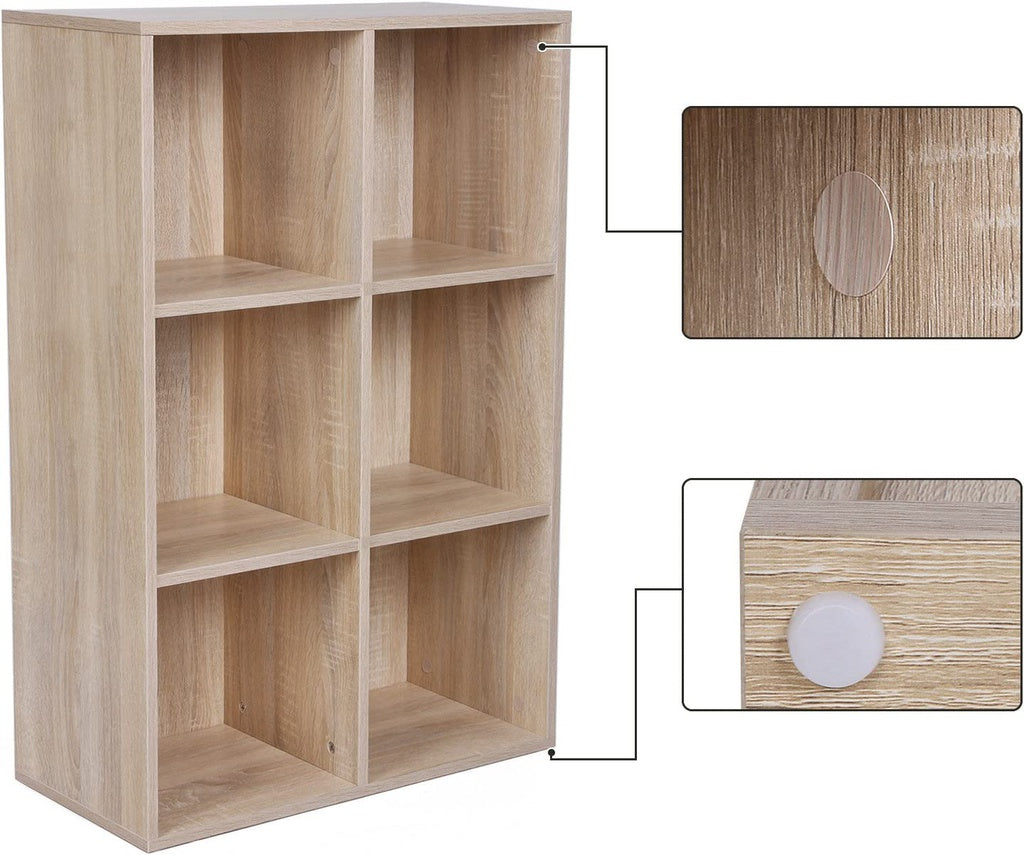 6-Compartment Wooden Bookcase, Oak, Anti-Tip, VASAGLE