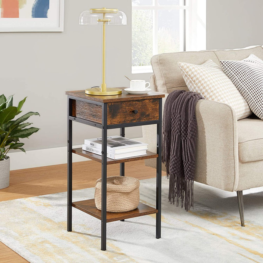 VASAGLE Nightstand End Table with a Drawer and 2 Storage Shelves Industrial Rustic Brown and Black