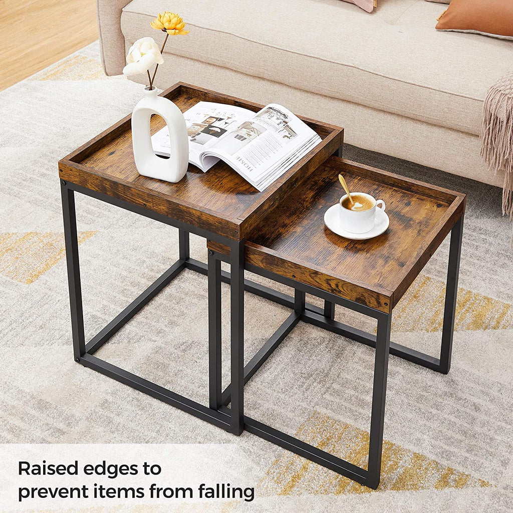 VASAGLE Set of 2 Coffee Tables with Raised Edges Nesting Tables Industrial Rustic Brown and Black