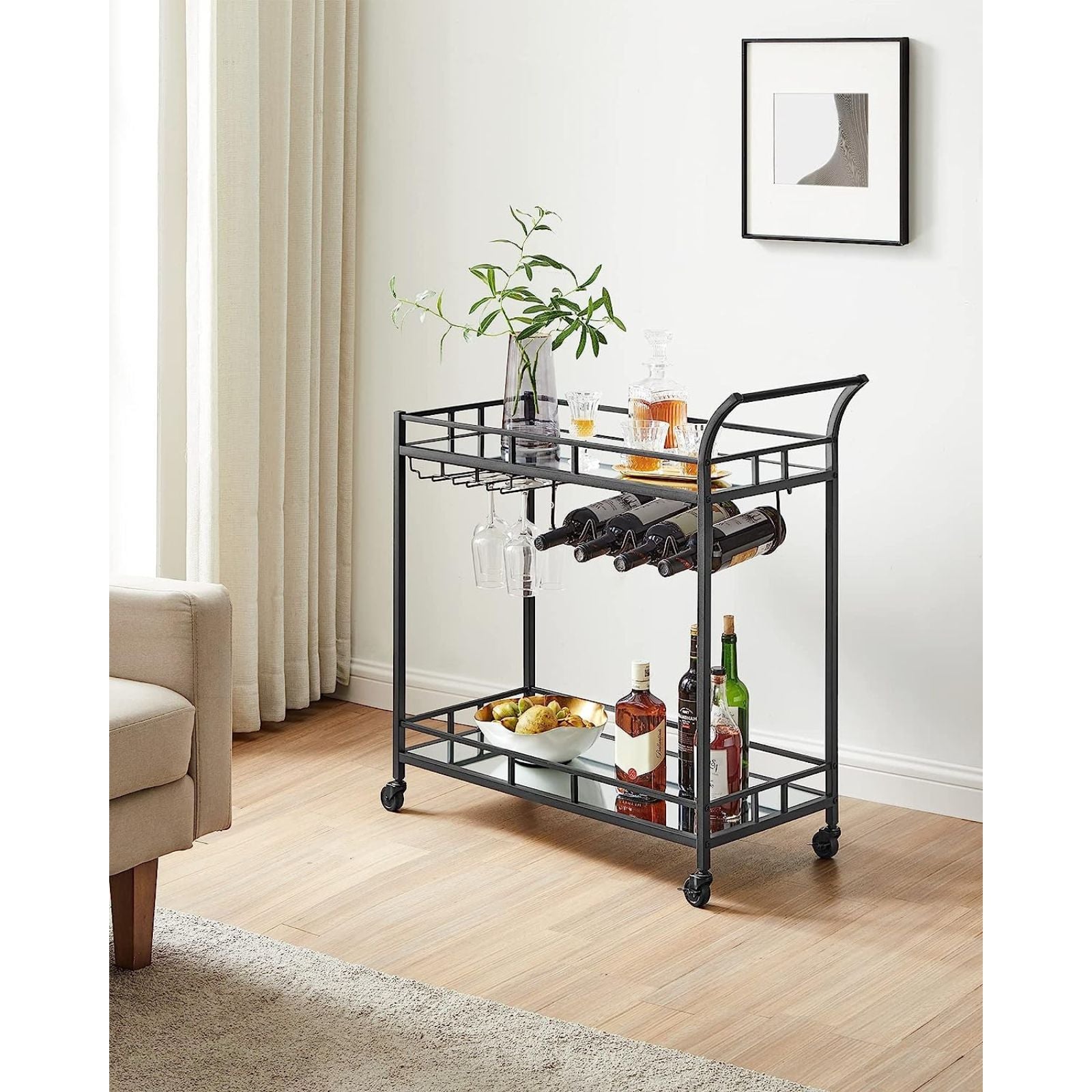 Large Black Rolling Bar Cart with Glass Holders & Lockable Wheels - VASAGLE