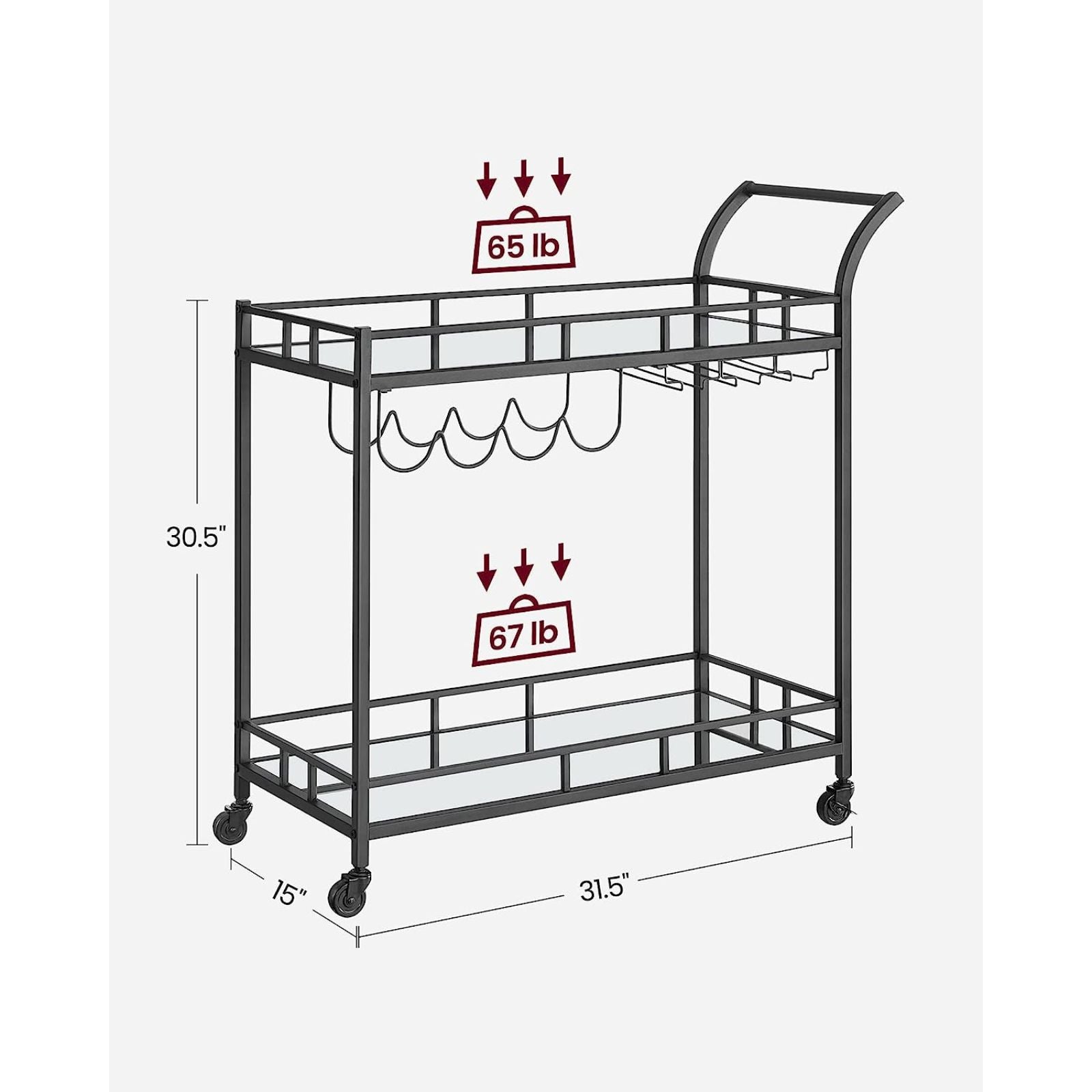 Large Black Rolling Bar Cart with Glass Holders & Lockable Wheels - VASAGLE