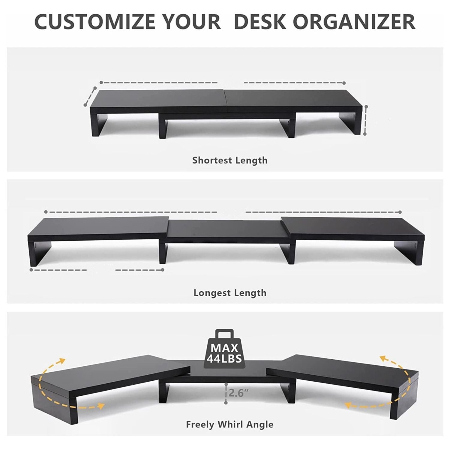 Ergonomic 3 Shelf Monitor Stand, Adjustable Angle, 20kg, Voctus