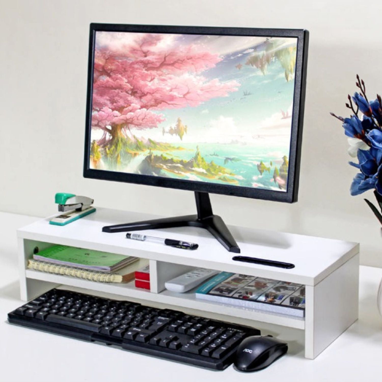 Ergonomic White Monitor Stand, 2 Drawers, 15kg Capacity, Voctus