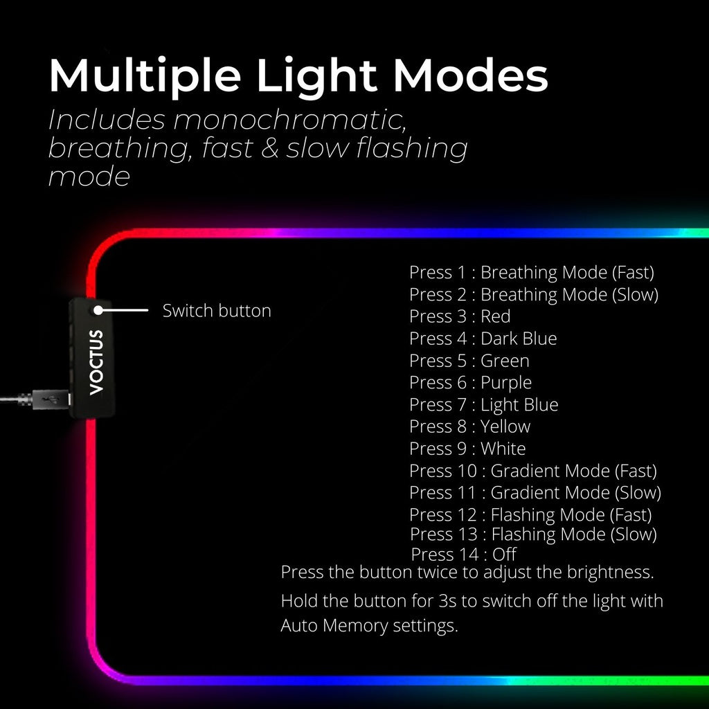 RGB Mouse Pad 4 USB Ports, Anti-slip, Large, Voctus