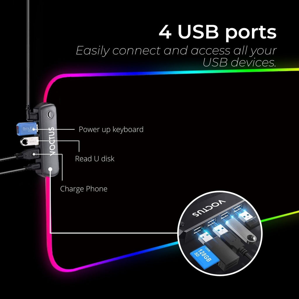 RGB Mouse Pad 4 USB Ports, Anti-slip, Large, Voctus