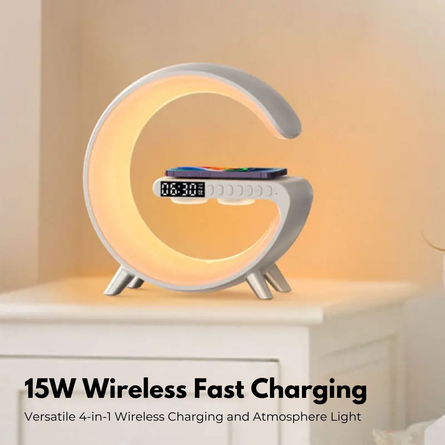 Multifunctional 15W Wireless Charging Bedside Lamp, Alarm, Speaker, White - VOCTUS