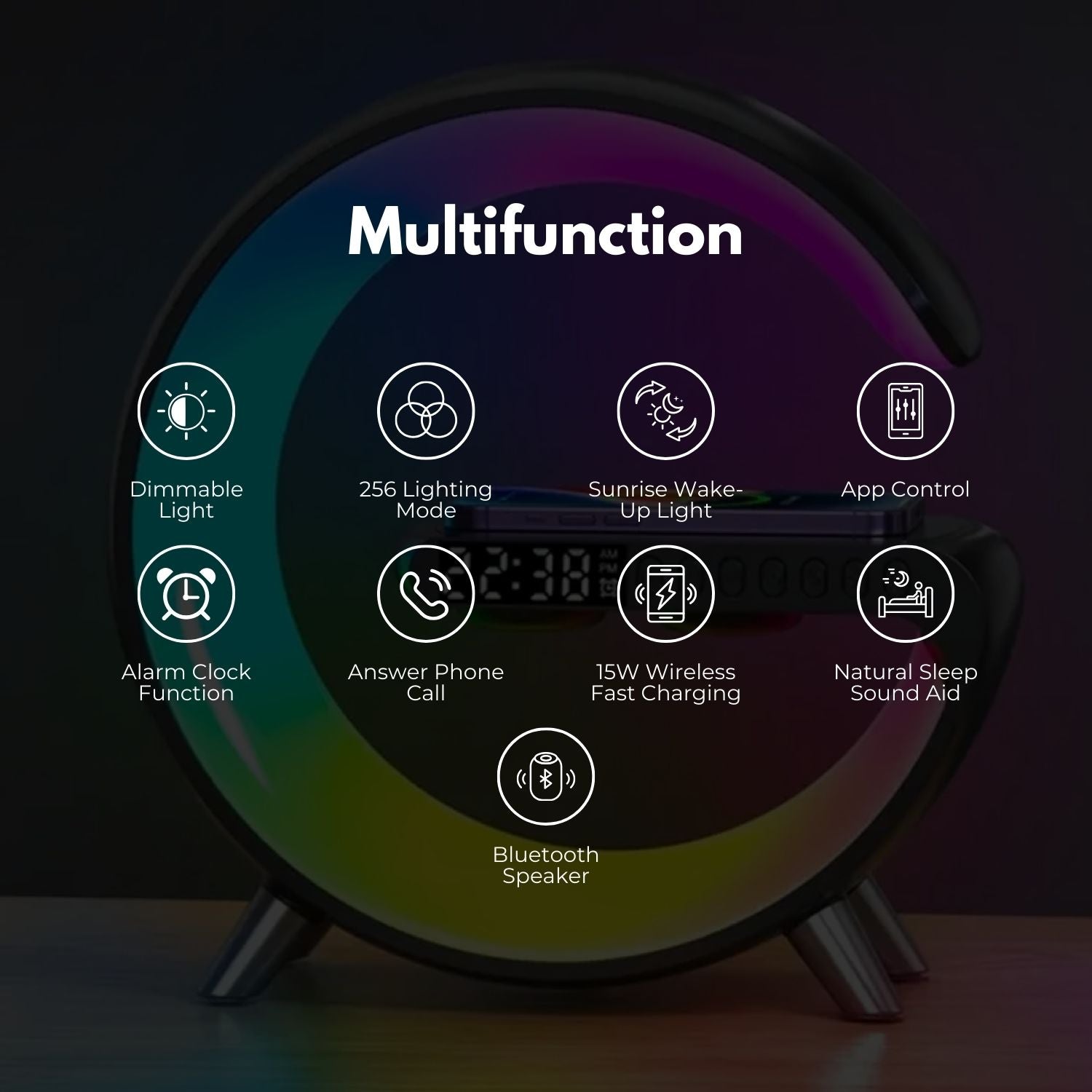 Multifunctional Bedside Lamp with Wireless Charger, Speaker, Clock - VOCTUS