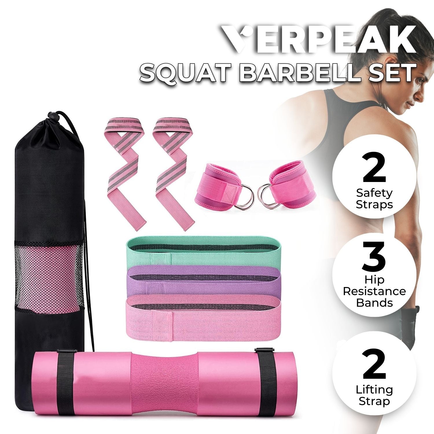 VERPEAK Barbell Squat Pad set,2 Safety Straps, 3 Hip Resistance Bands, 2 Lifting Strap, Barbell Pad and Bag (Pink)