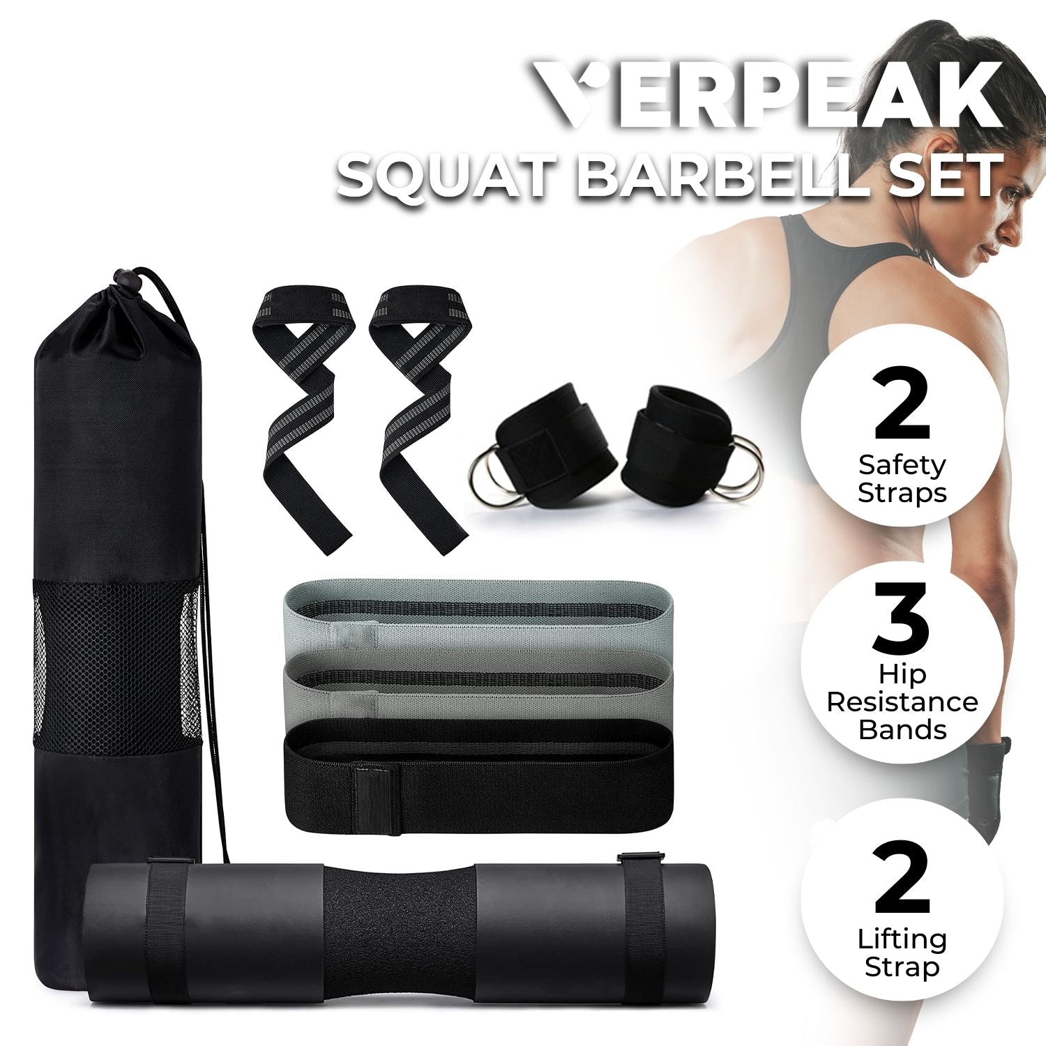 VERPEAK Barbell Squat Pad set,2 Safety Straps, 3 Hip Resistance Bands, 2 Lifting Strap, Barbell Pad and Bag (Black)
