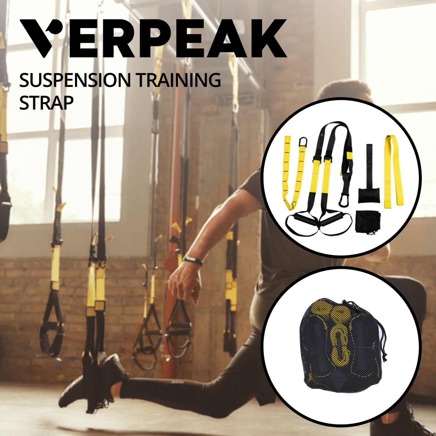 VERPEAK Suspension Trainer Resistance System Training Kit (Black and yellow)