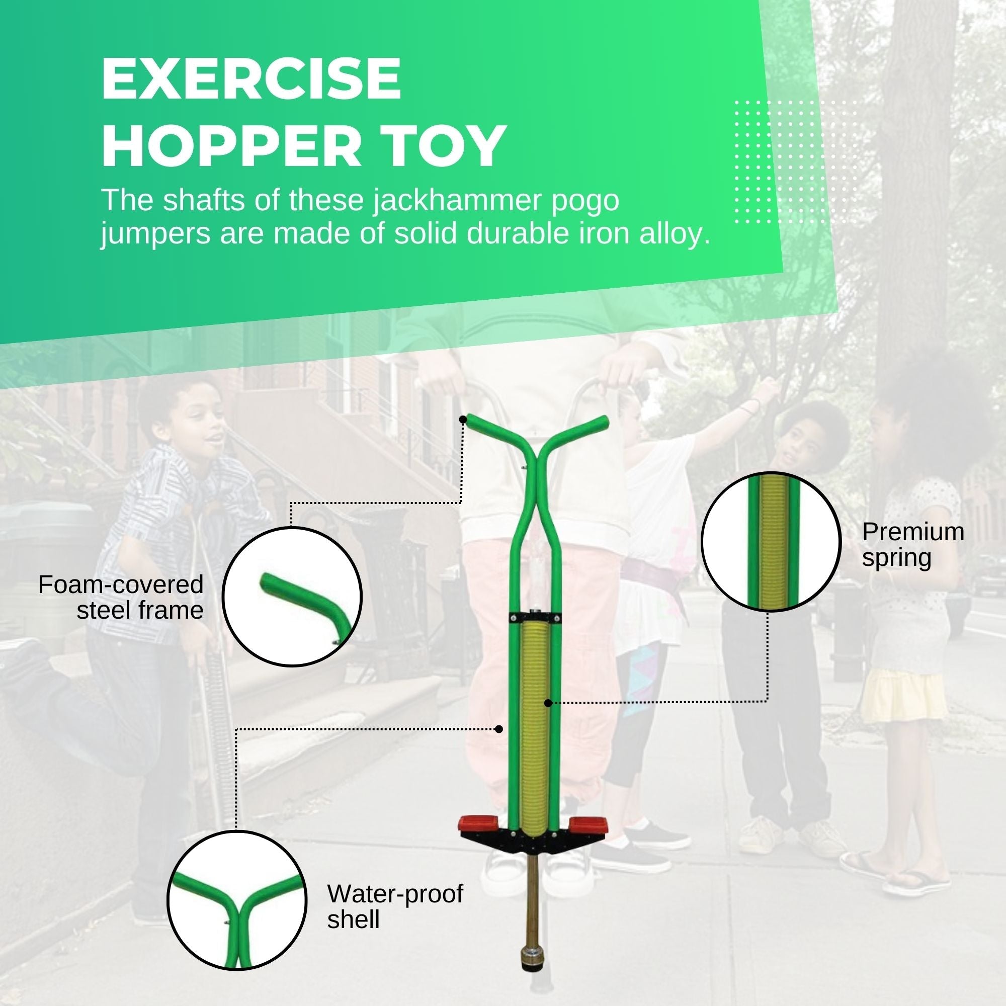 Durable Green Pogo Stick for Kids - Anti-Slip Pedal, 60Kgs Limit