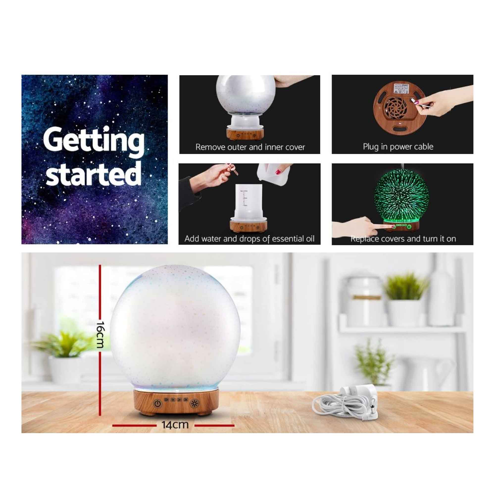 3D LED Fireworks Aroma Diffuser, 100ml, 7 Colours, Mist Humidifier