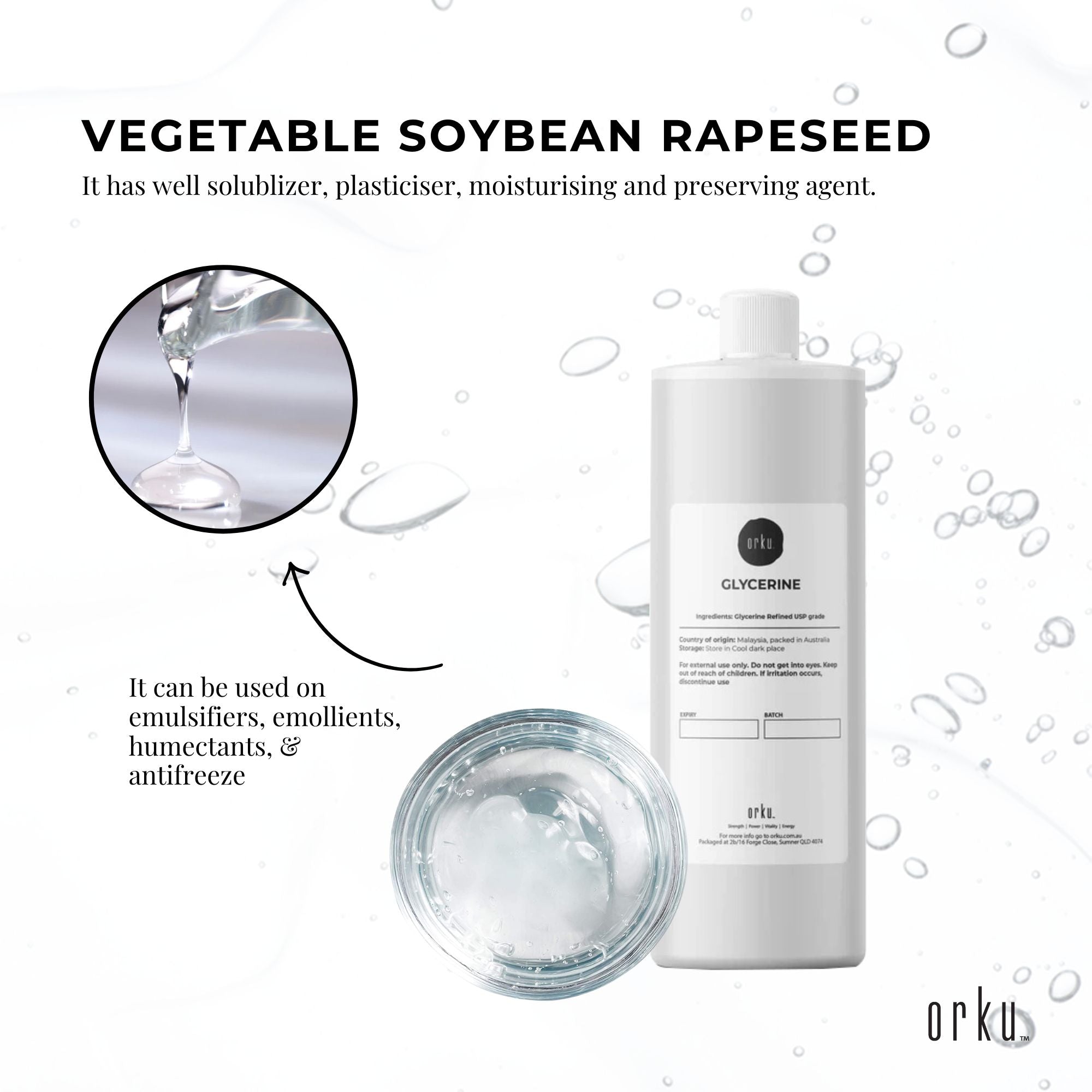 Orku 500ml Glycerine 99.9% Pure USP Food + Cosmetic Grade – Vegetable Glycerol