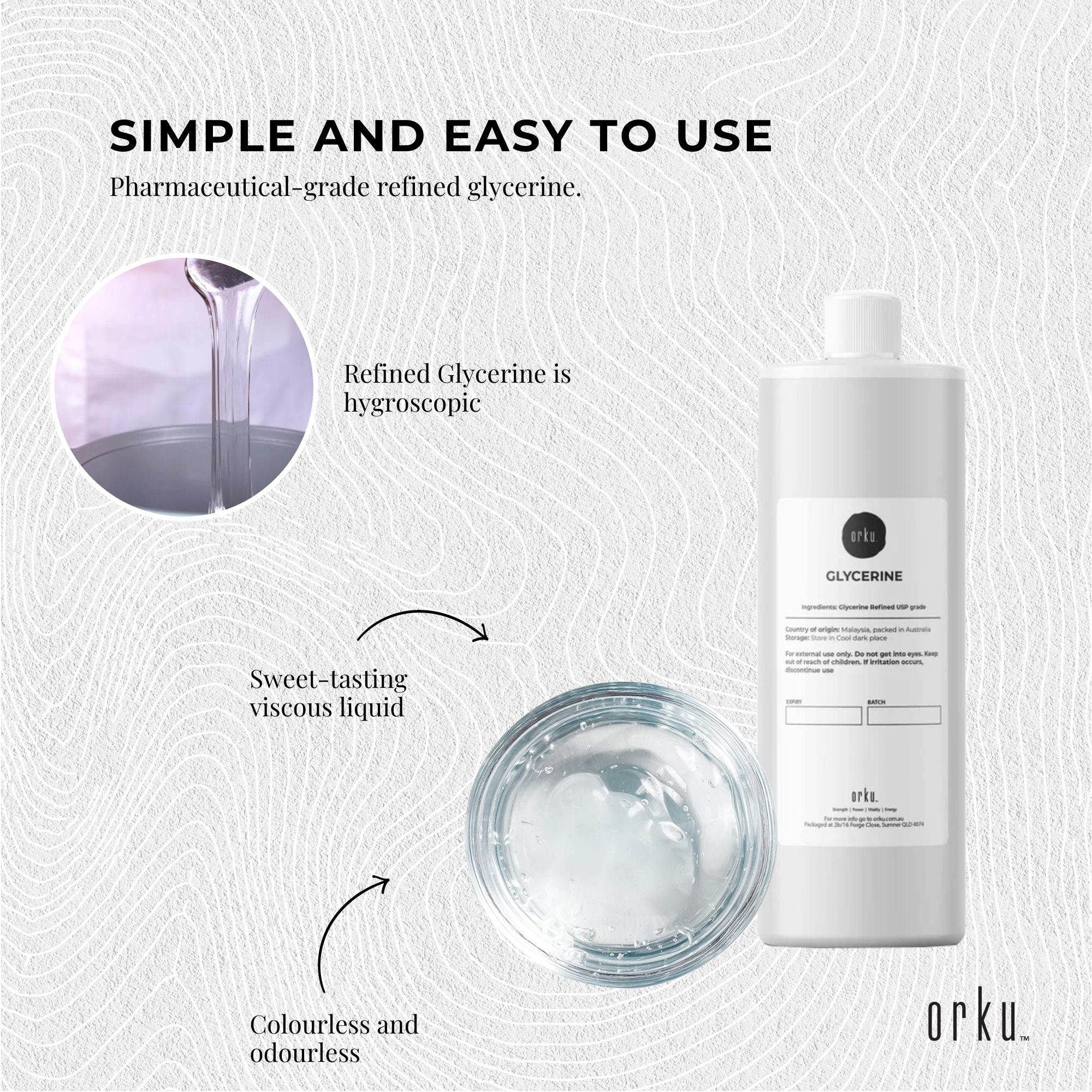 Orku 500ml Glycerine 99.9% Pure USP Food + Cosmetic Grade – Vegetable Glycerol