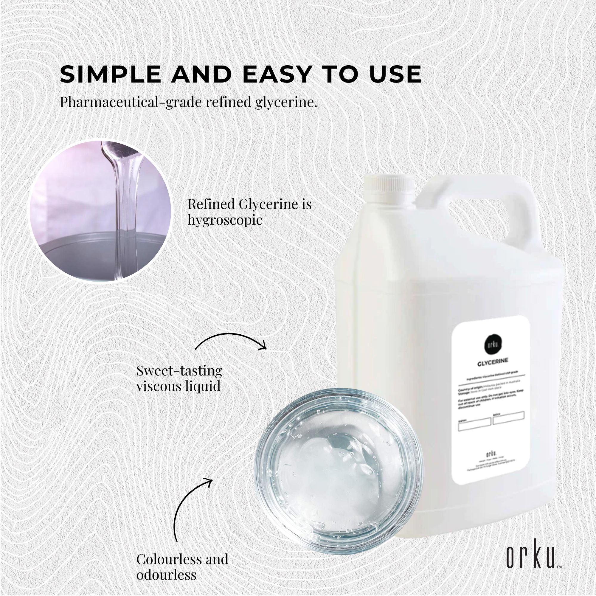 Orku 5L Glycerine 99.9% Pure USP Food + Cosmetic Grade – Vegetable Glycerol