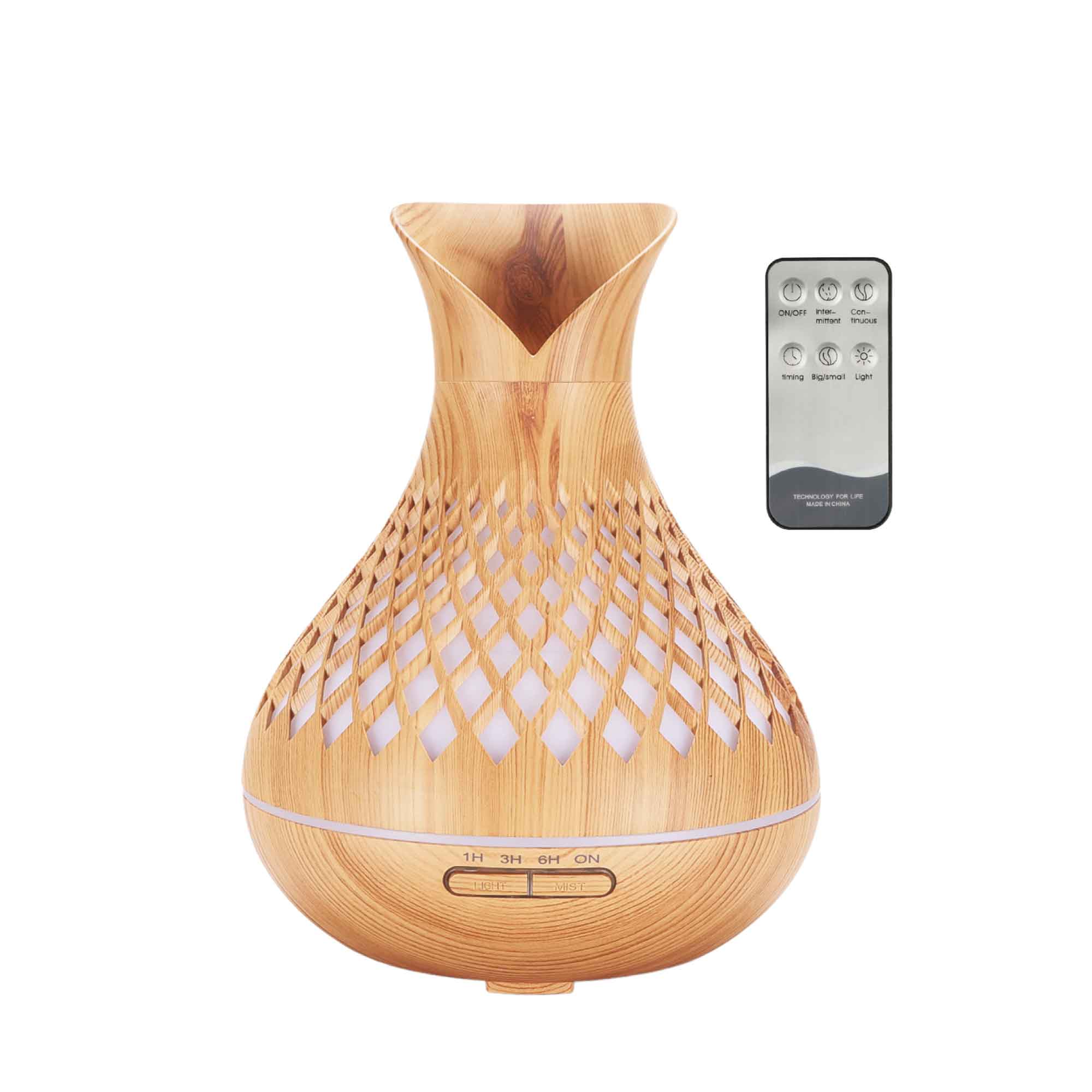 Essential Oil Aroma Diffuser and Remote - 500ml Vase Tulip Wood Mist Humidifier