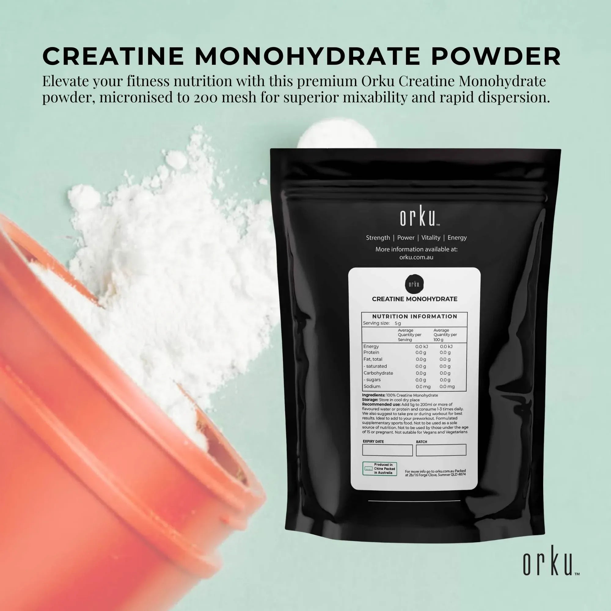 Orku 100g Creatine Monohydrate Powder - 200 Mesh Micronised | 99.9% Purity