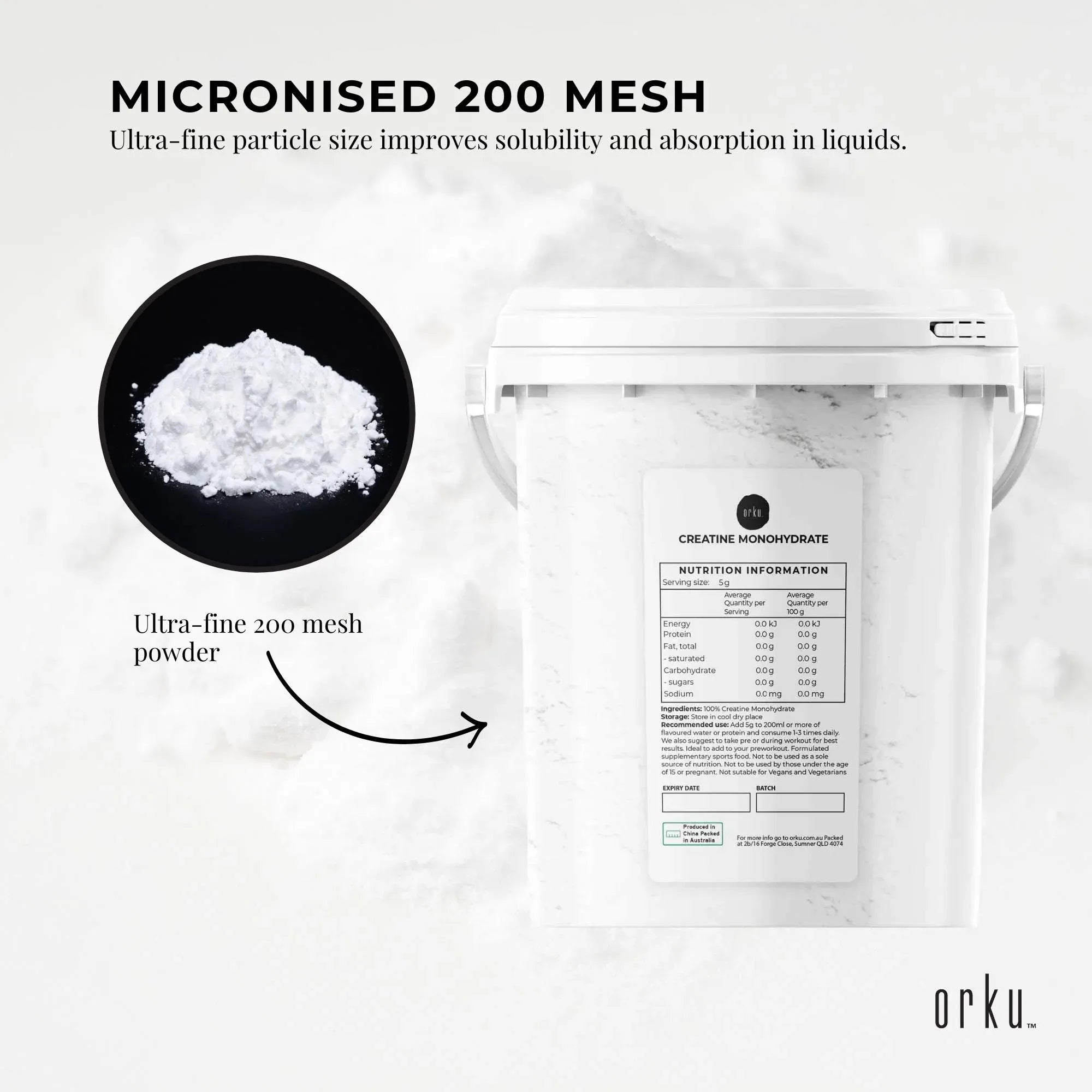 Orku 800g Creatine Monohydrate Powder Tub - 200 Mesh Micronised | 99.9% Purity