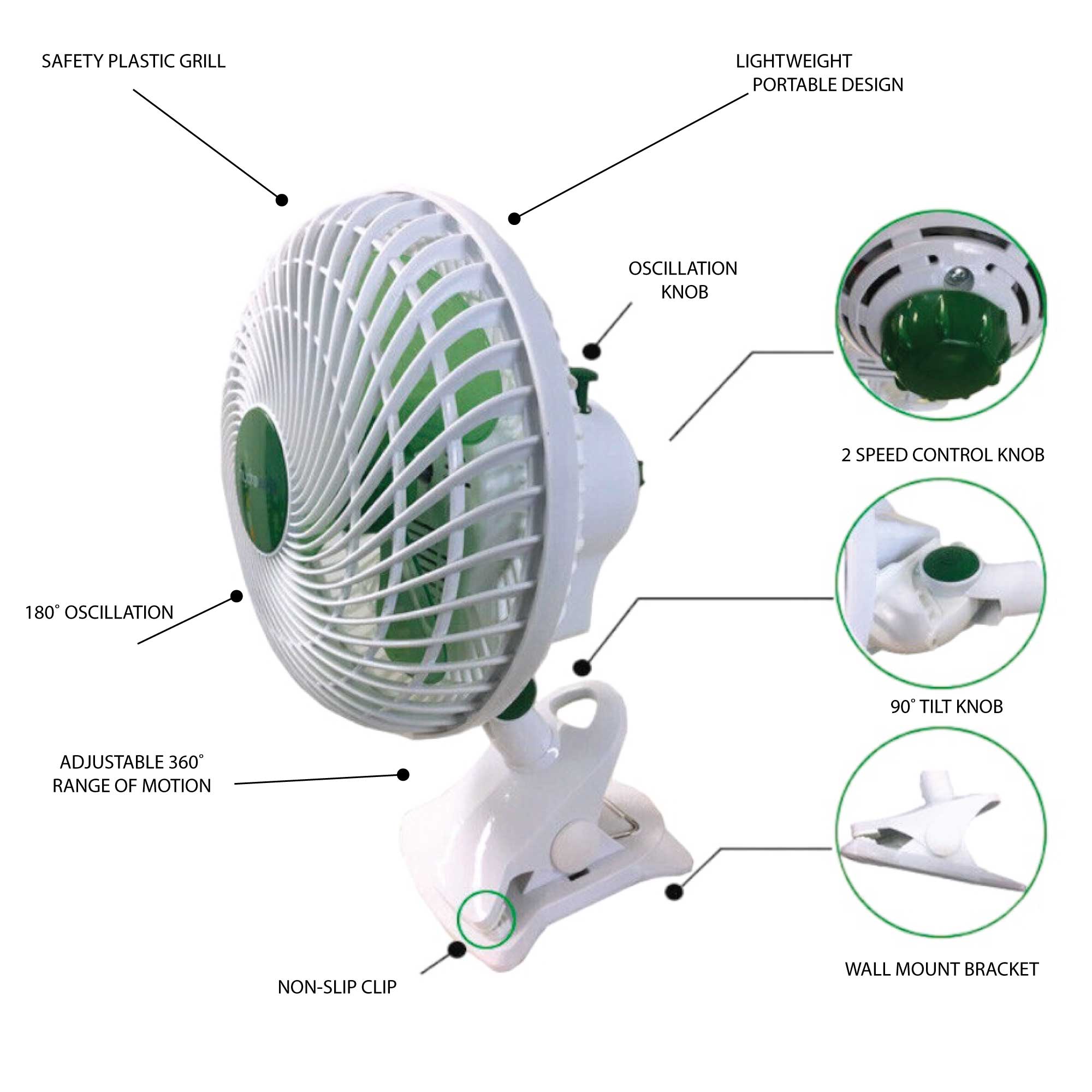 Energy Efficient Oscillating Clip Fan 225mm - Grow Room Ventilation