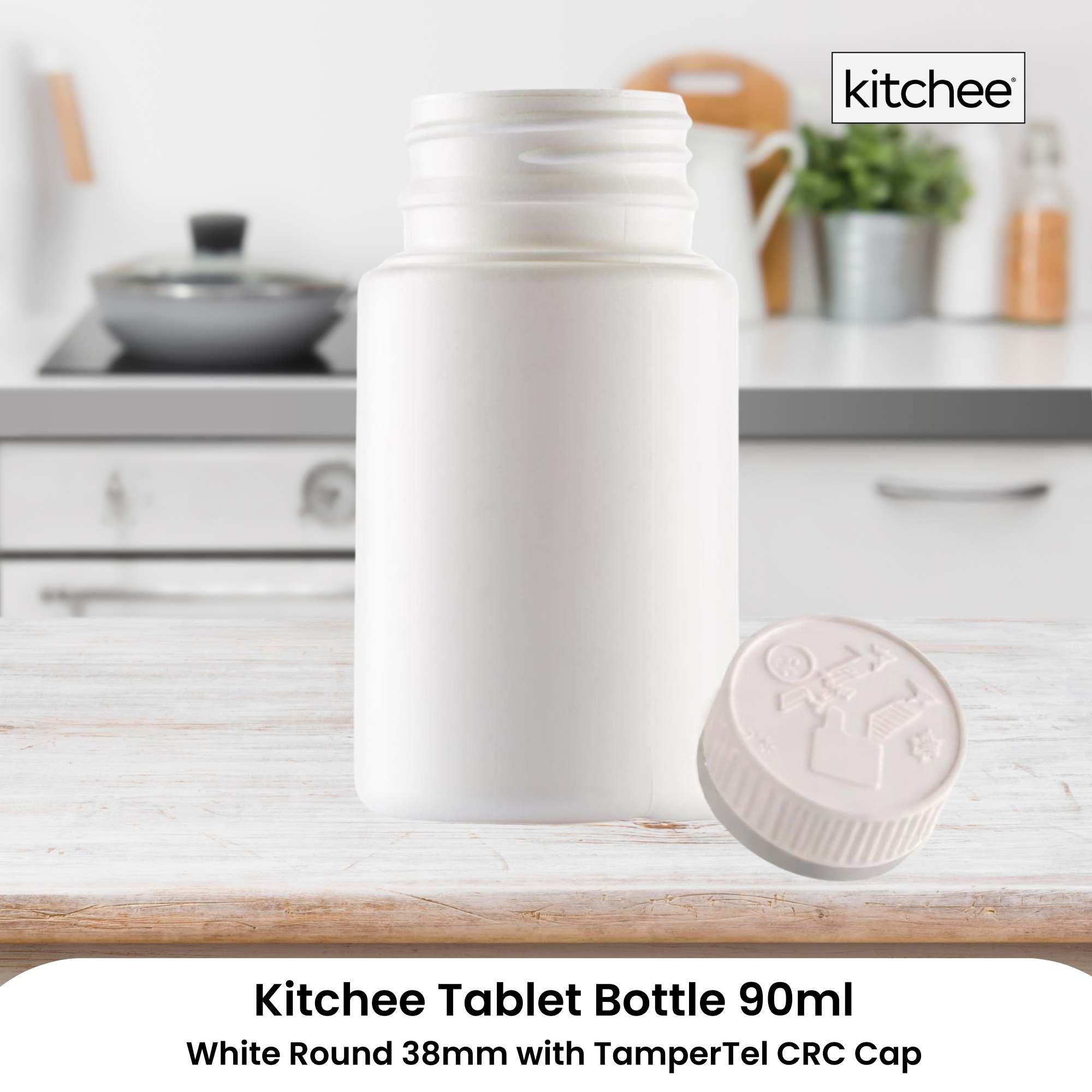 Kitchee 10x Tablet Bottles 90ml + 38mm TamperTel Child Resistant Cap - Round