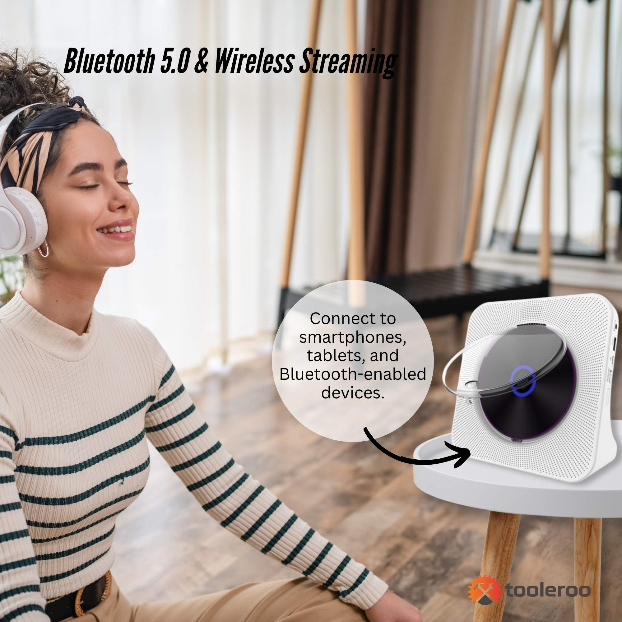 Tooleroo USB Rechargeable Desktop CD Player Speaker – Bluetooth Portable White