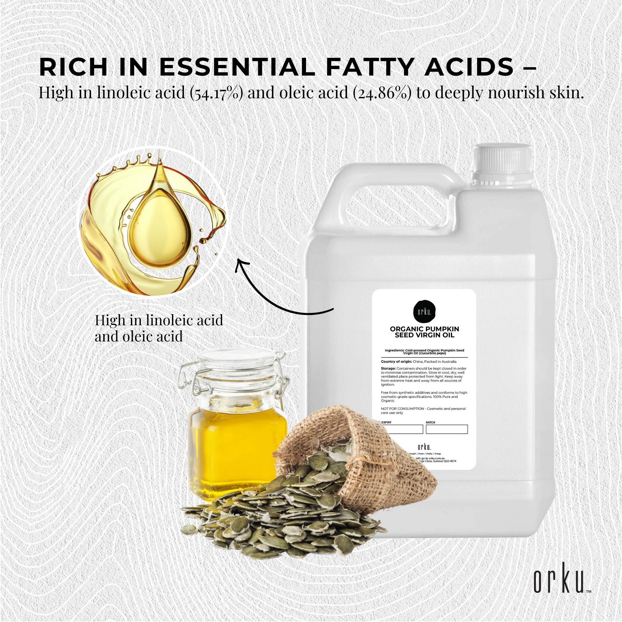 Orku 5L Organic Pumpkin Seed Oil – Virgin Cold Pressed Unrefined Cosmetic Grade