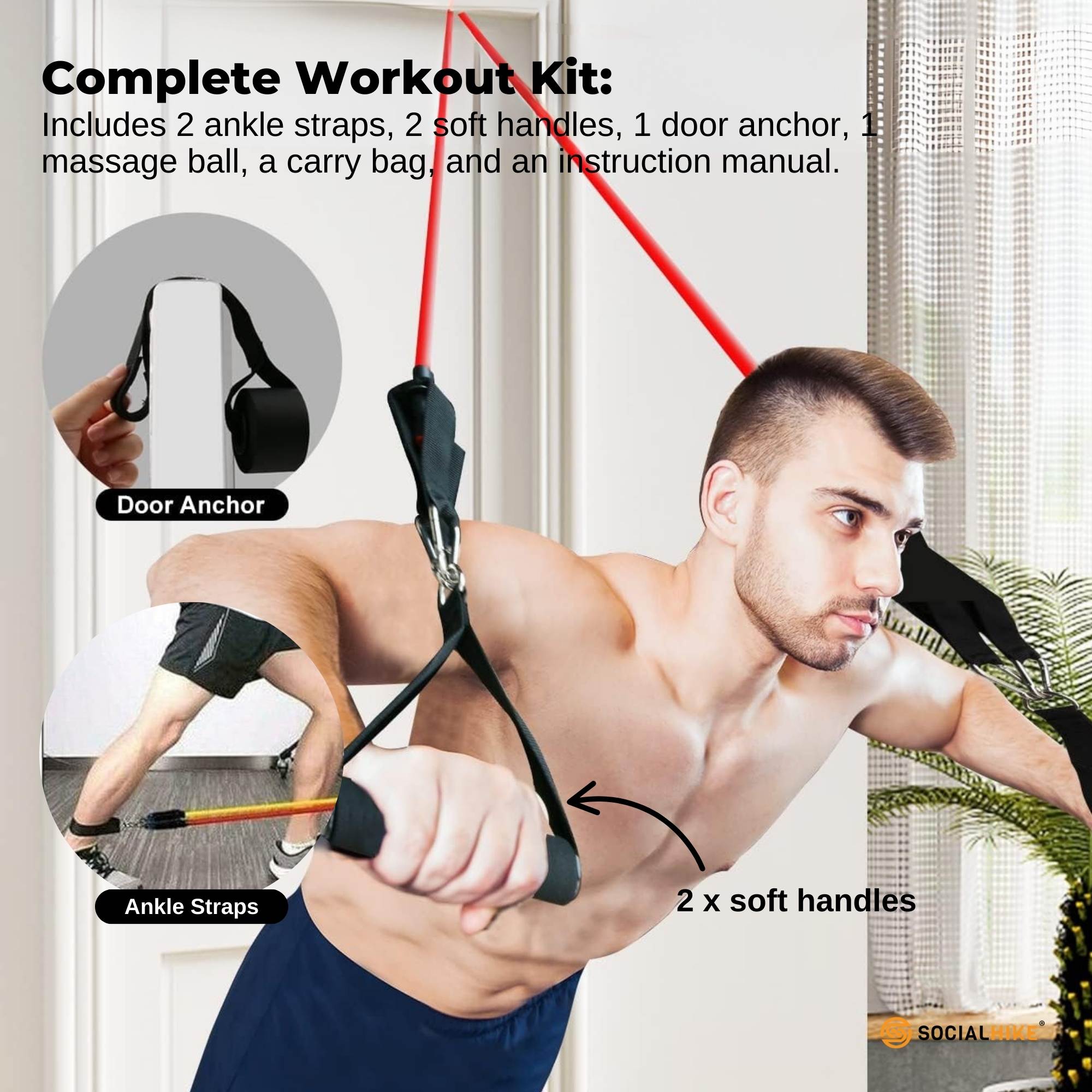 Social Hike Resistance Band Set with Handles - 11pcs Home Workout Kit 4.5-68kg