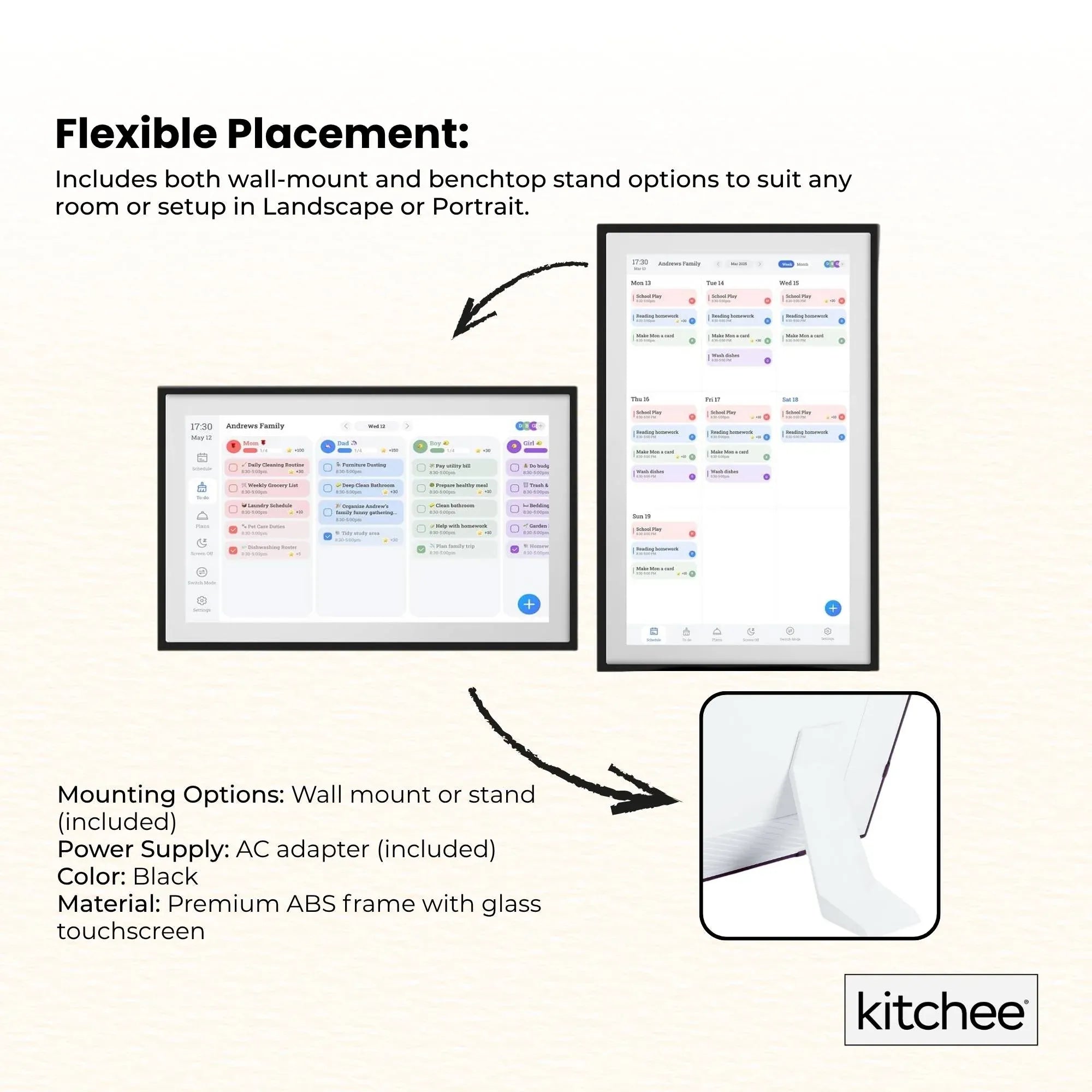 Kitchee 15.6" Digital Calendar Smart Family Planner - 39.5cm Touchscreen Black