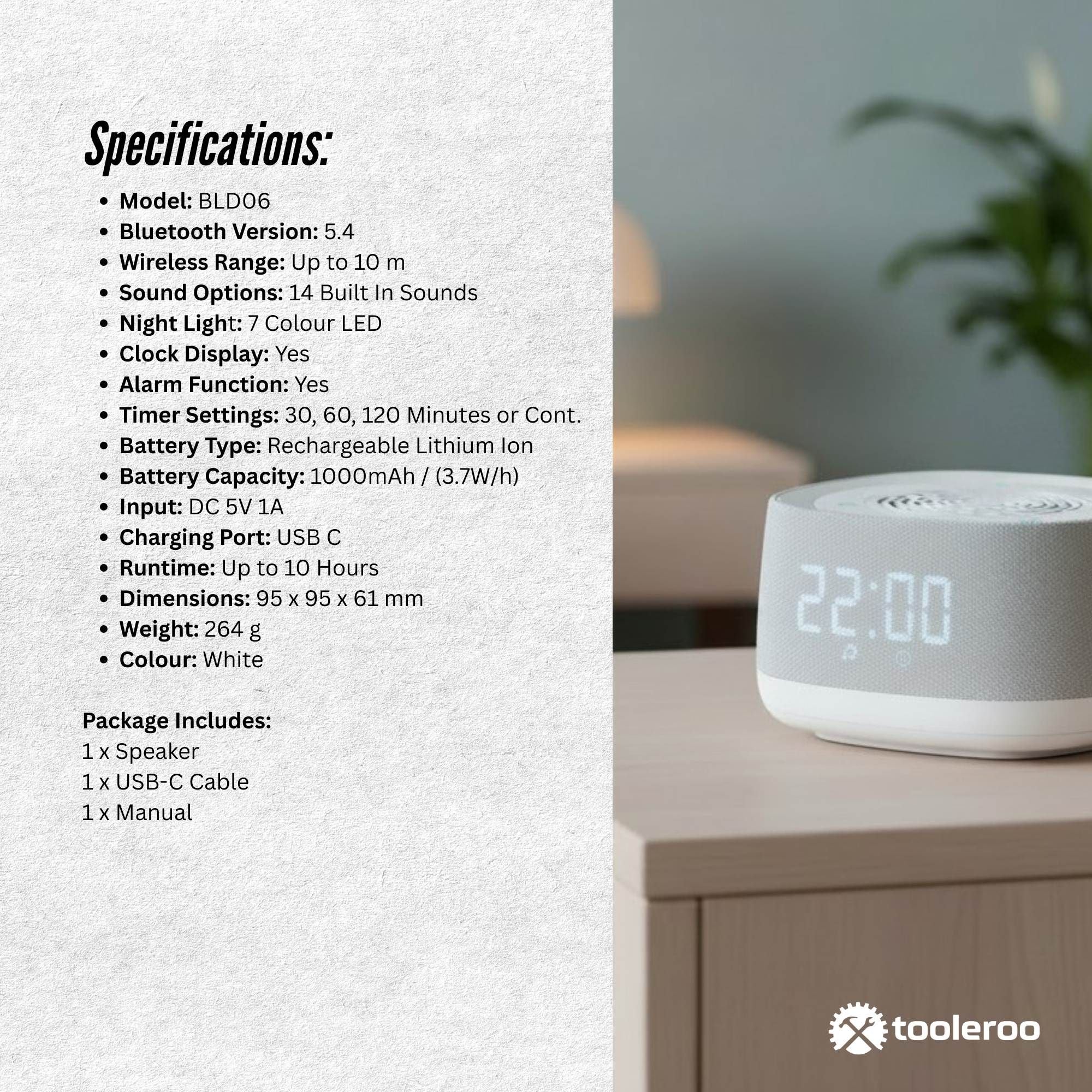 Tooleroo White Noise Machine Speaker - Bluetooth Night Light Sleep Sound