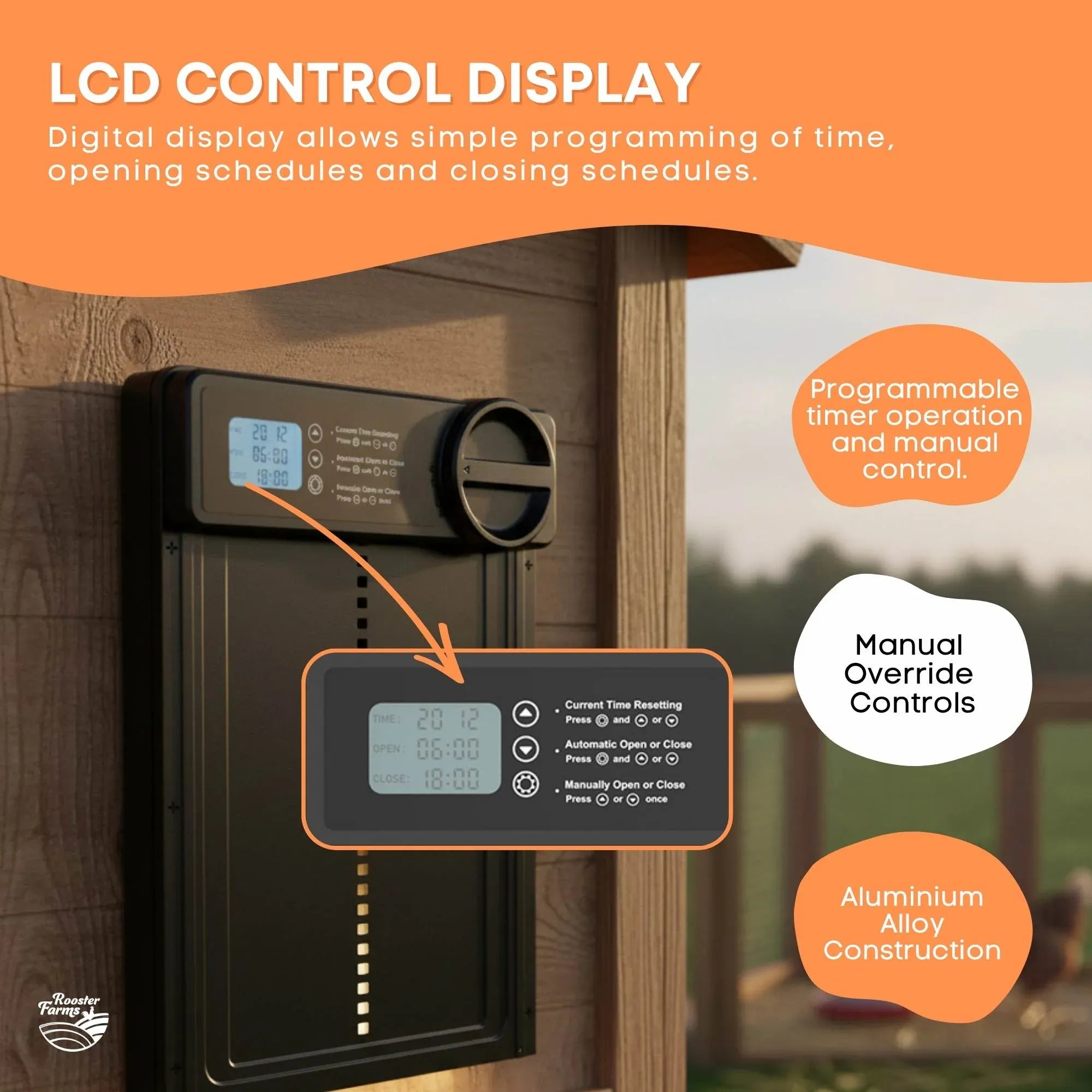 Rooster Farms Automatic Chicken Coop Door - Battery Timer Anti Pinch Safety