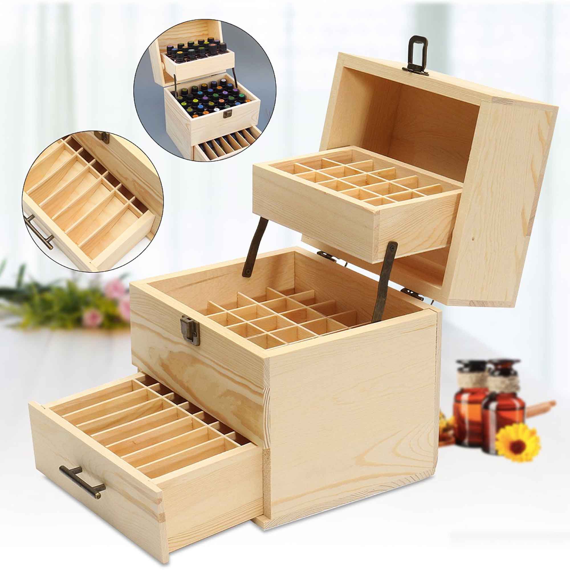 Lightweight Wooden Essential Oils Storage Box - 59 Slots, 3-Tier