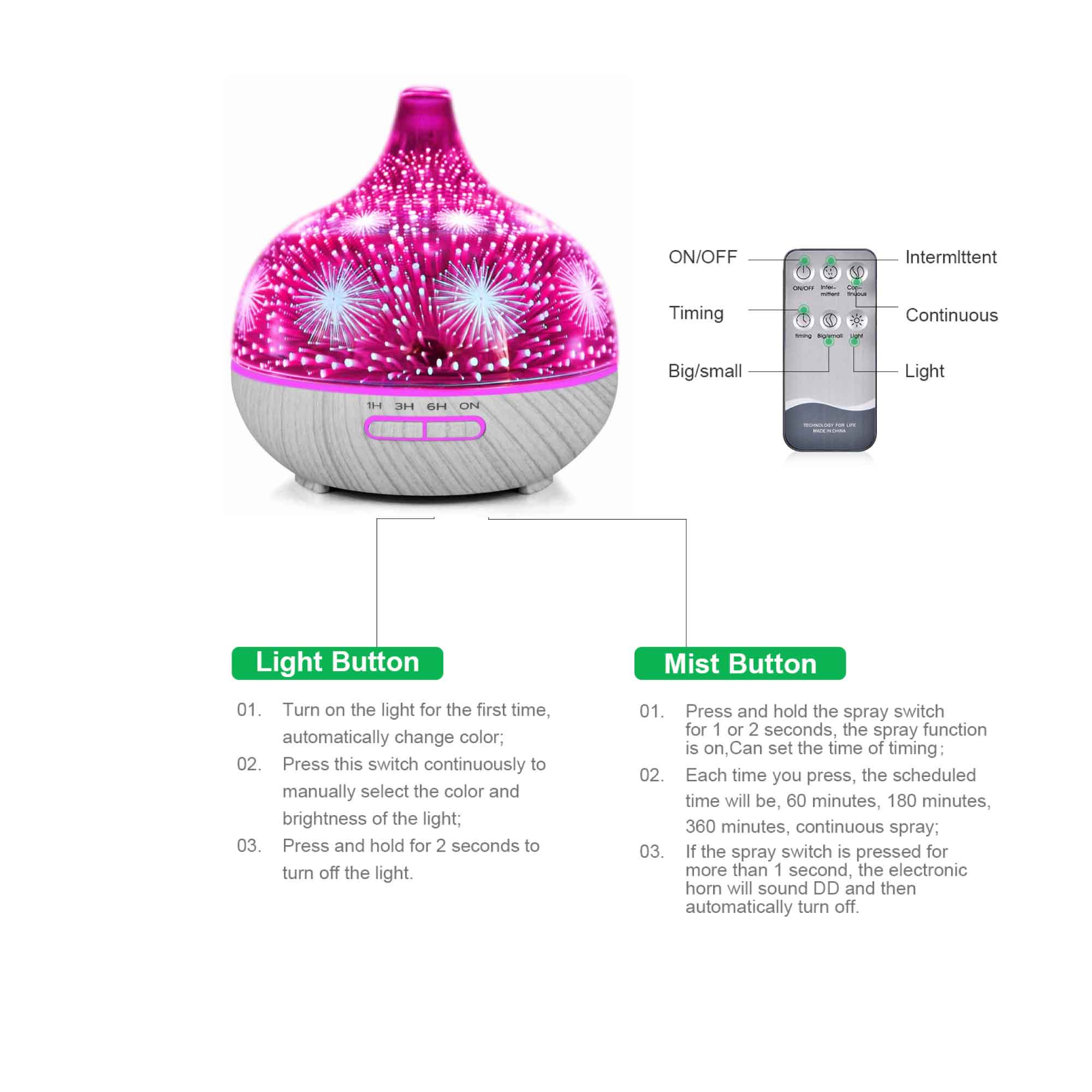 400ml 3D Glass Aroma Diffuser with Remote, LED Lights