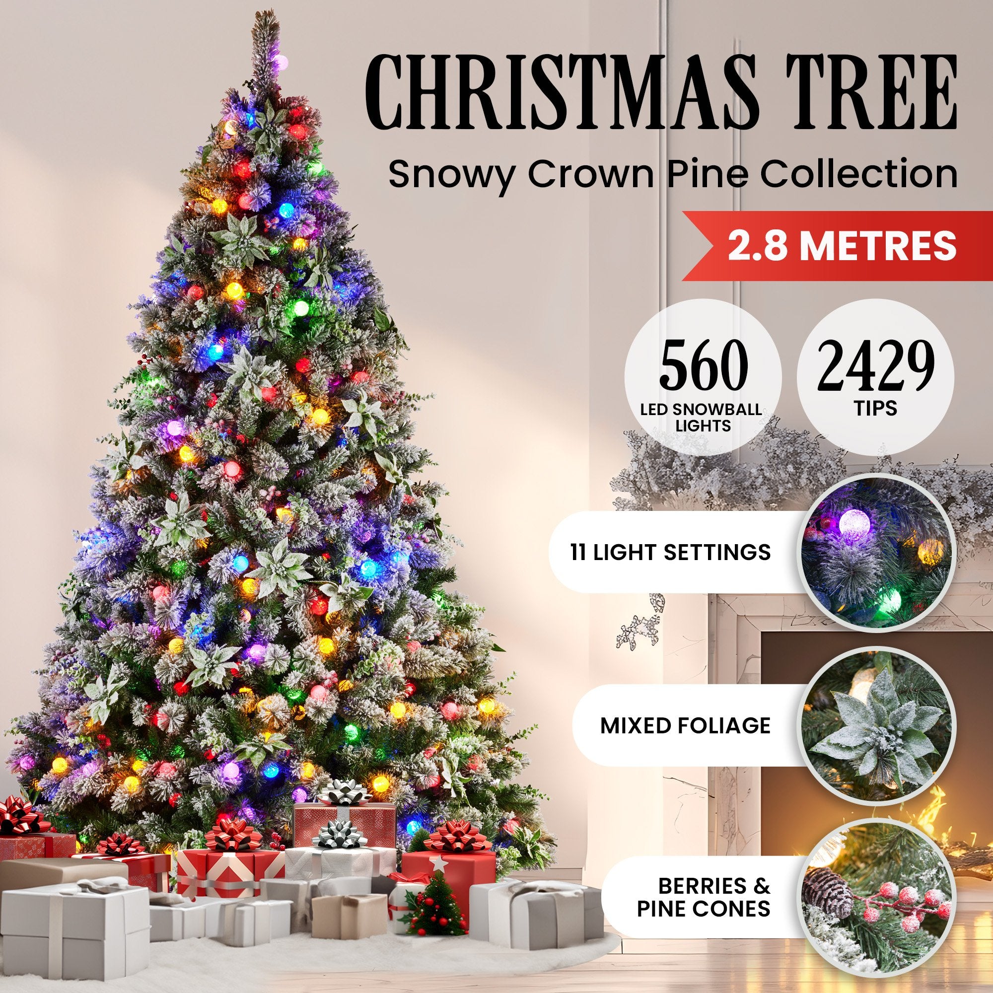 Snowy Crown Pine 2.7m Pre-Lit Christmas Tree Multicolour LED