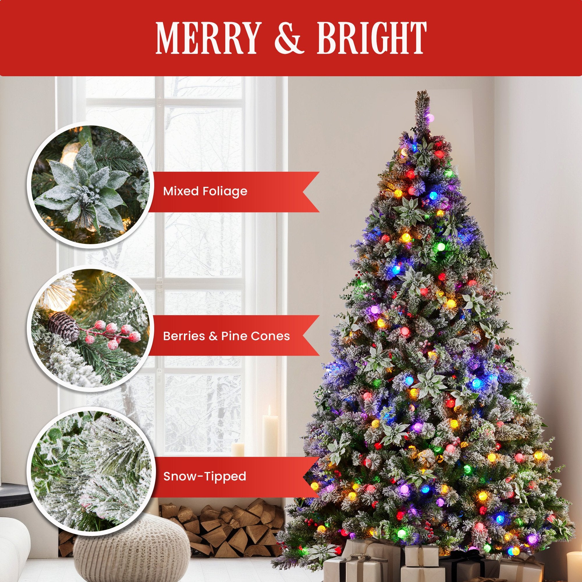 Snowy Crown Pine 2.7m Pre-Lit Christmas Tree Multicolour LED