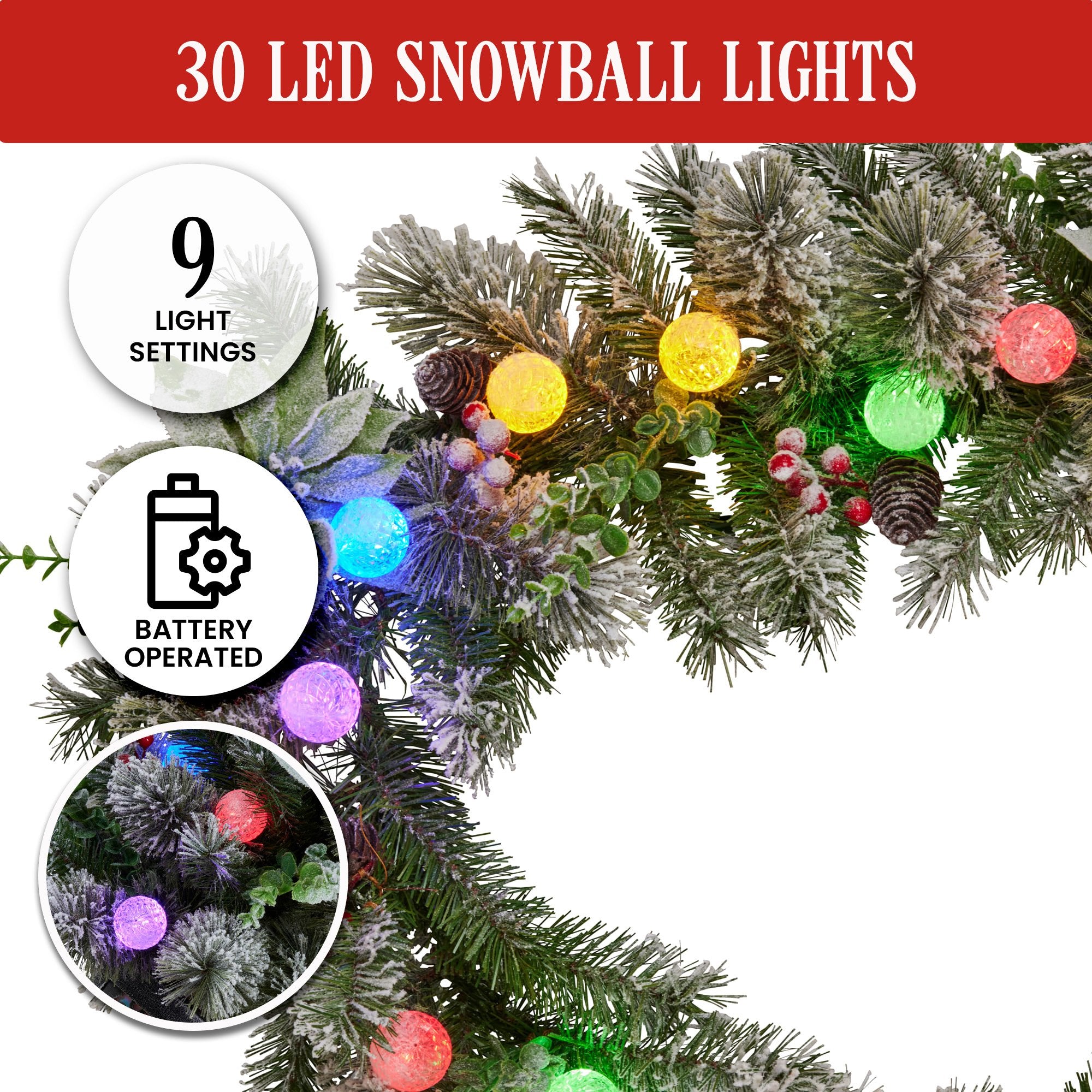 Swishmas 274cm Snowy Crown Pine Pre-Lit Multicolour Christmas Garland