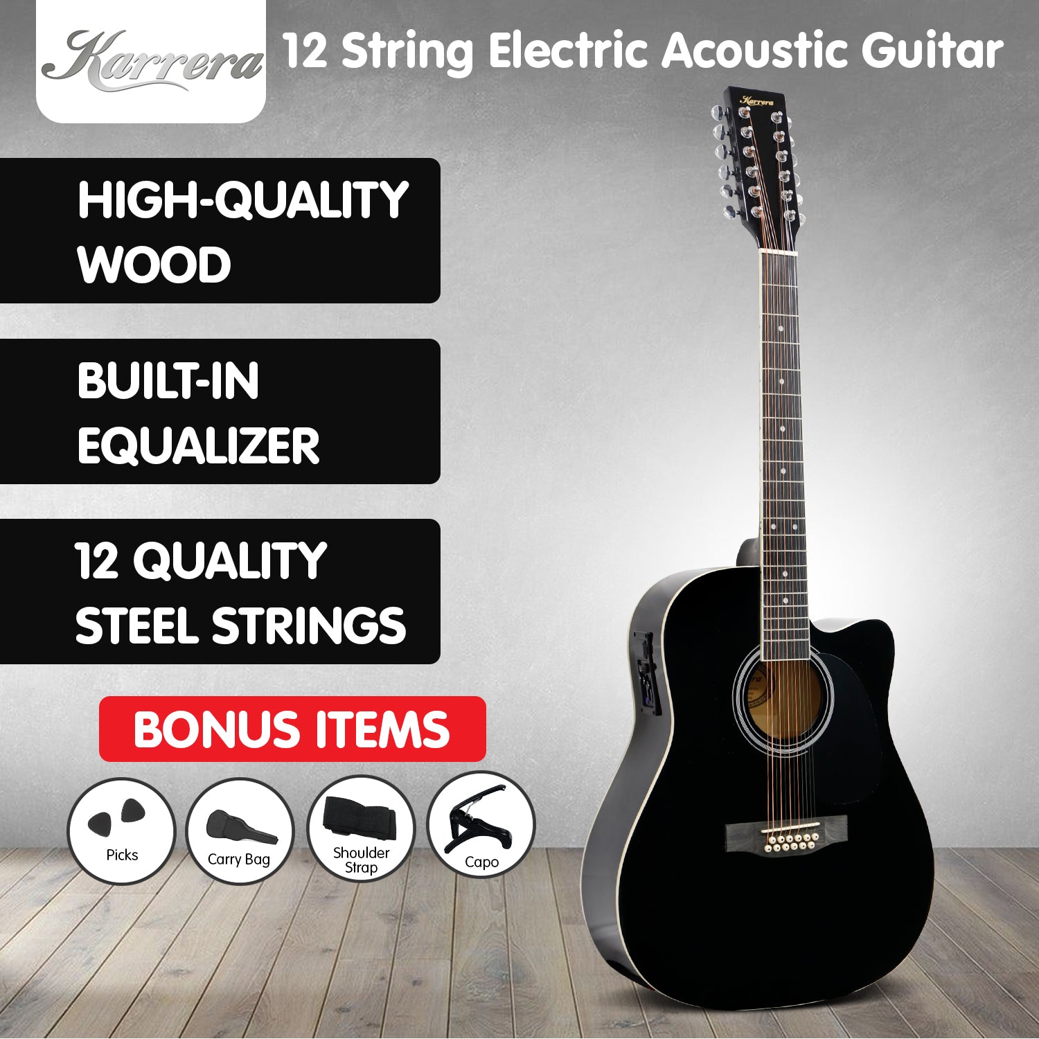 12-String High-Gloss Acoustic Guitar with EQ & Kit