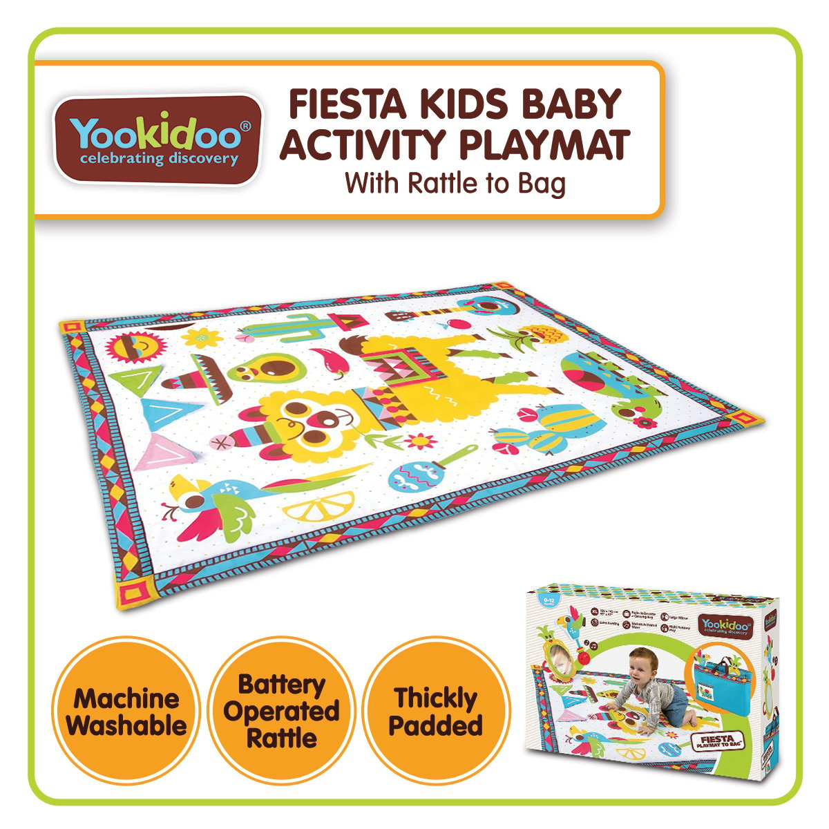 Extra-Large Padded Baby Activity Playmat with Rattles and Mirrors - Yookidoo