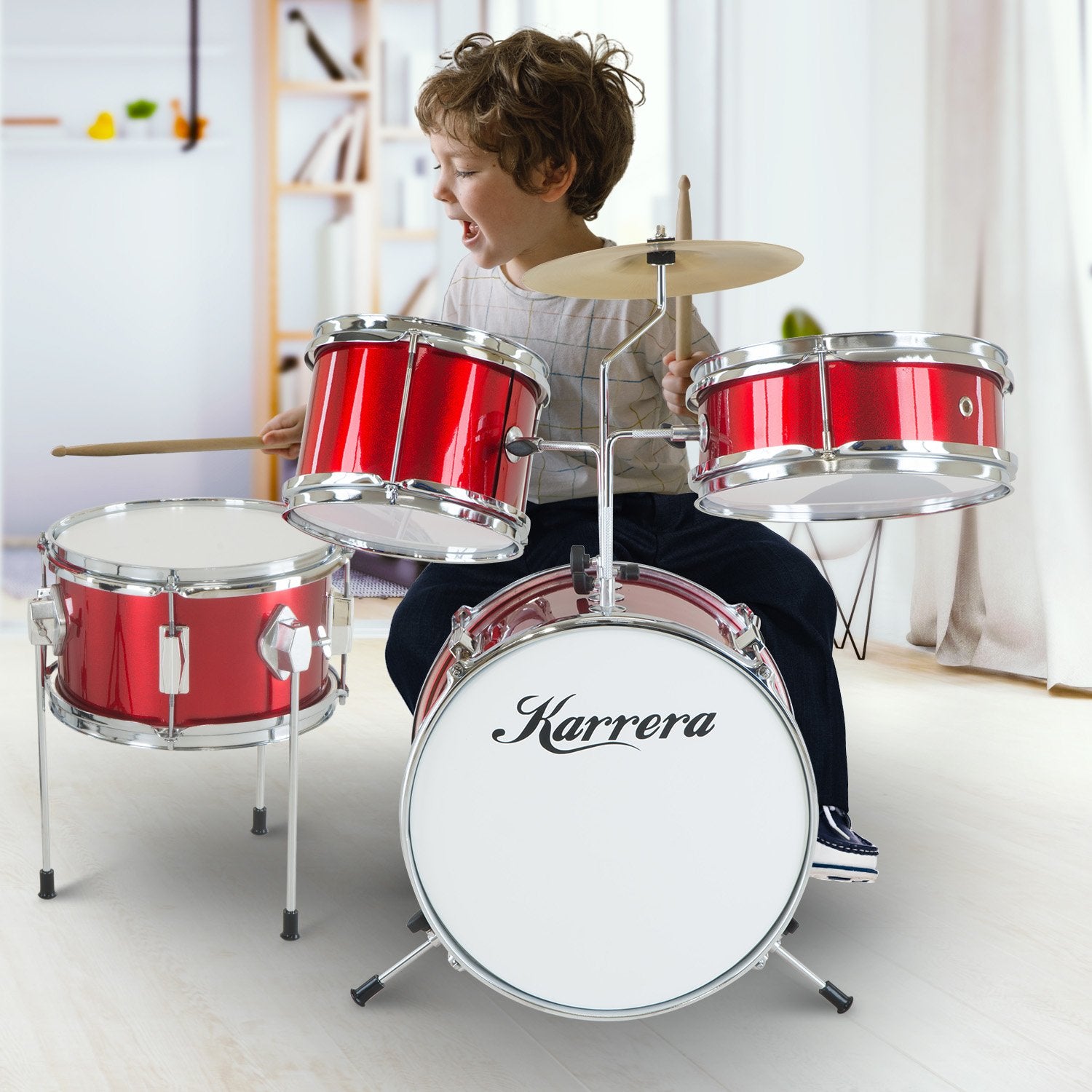 Kids' 4pc Drum Kit with Metallic Finish & Stool - Karrera