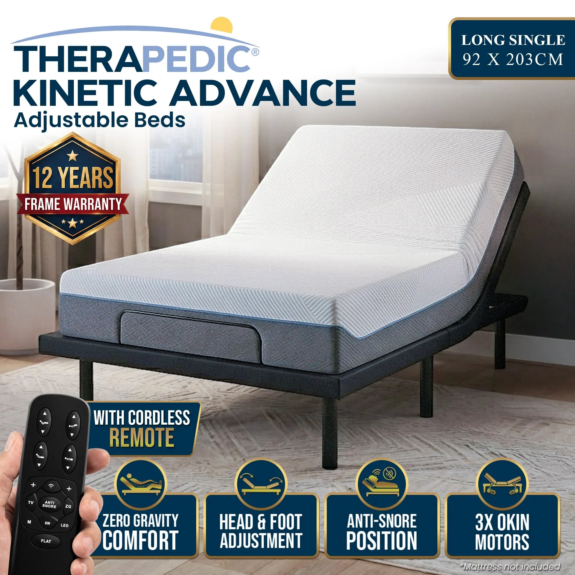 Therapedic Kinetic Advance Adjustable Long Single Bed Base with Head Tilt