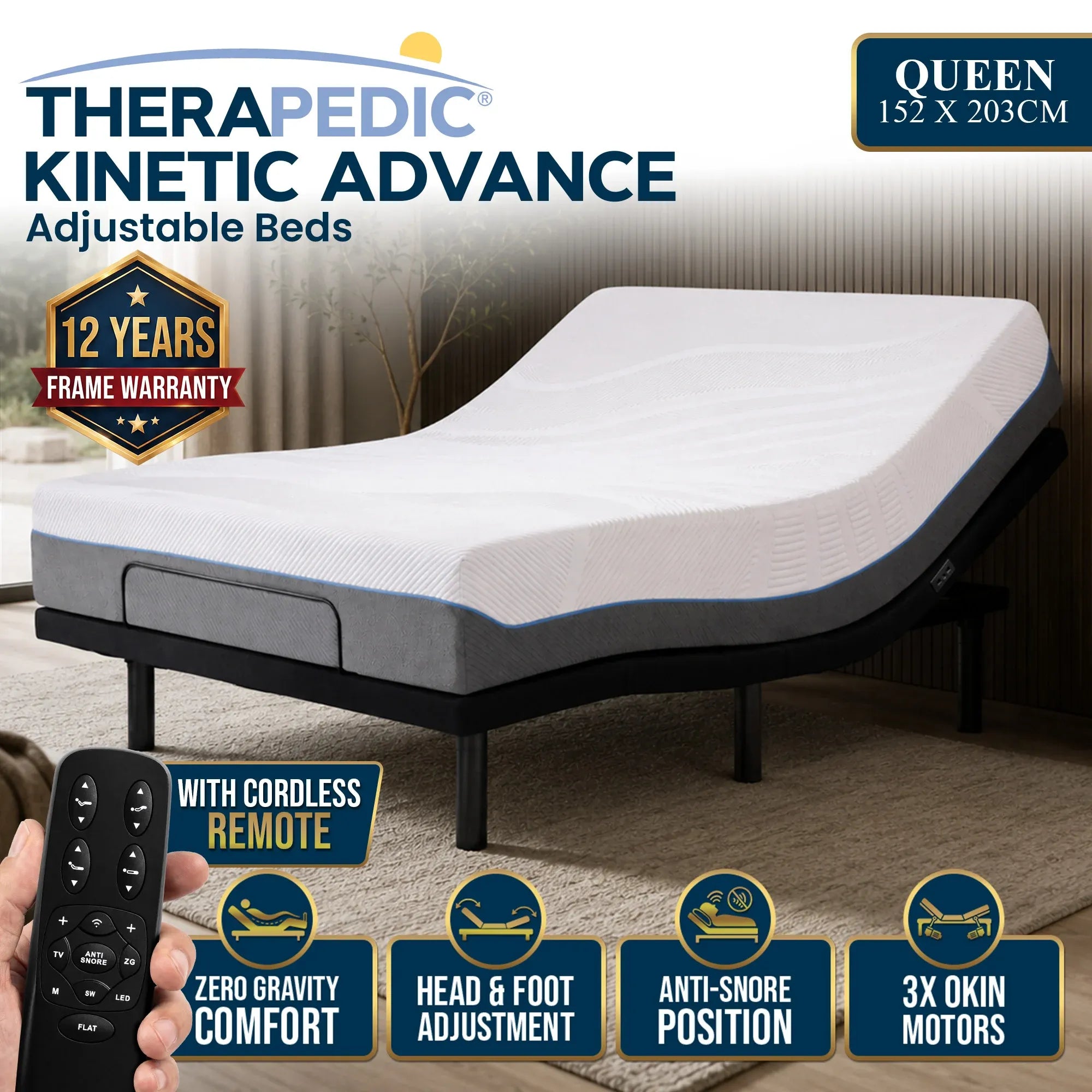 Therapedic Kinetic Advance Adjustable Queen Bed Base with Head Tilt