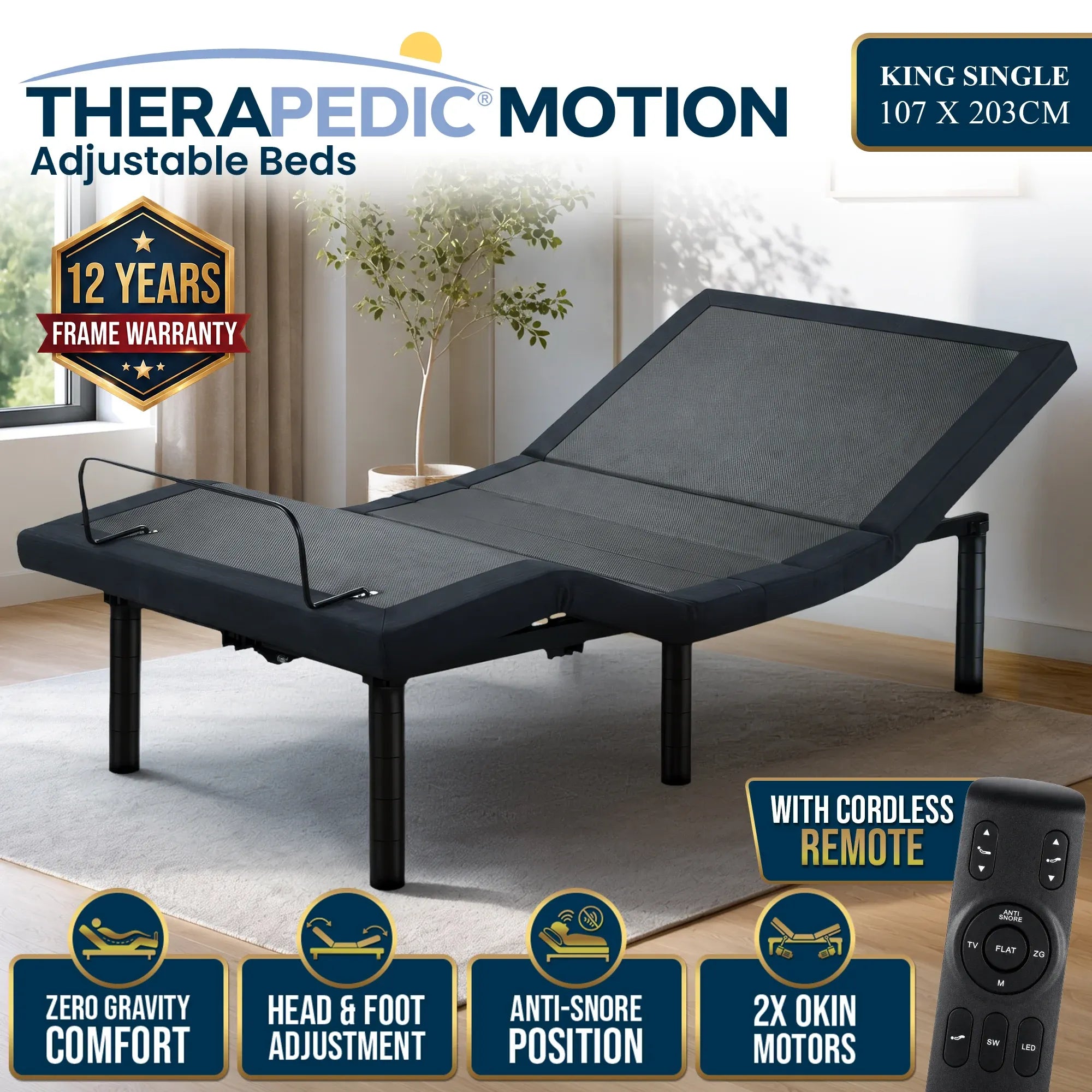 Therapedic Motion Adjustable King Single Bed Base with Wireless Remote